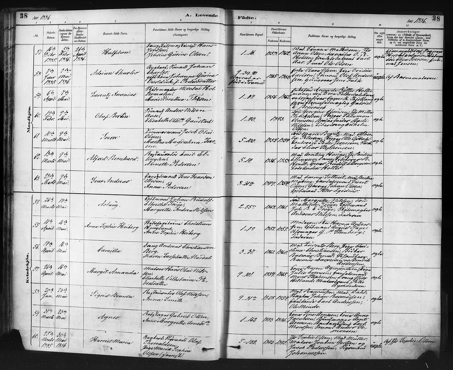Nykirken Sokneprestembete, AV/SAB-A-77101/H/Haa: Parish register (official) no. B 5, 1885-1894, p. 38