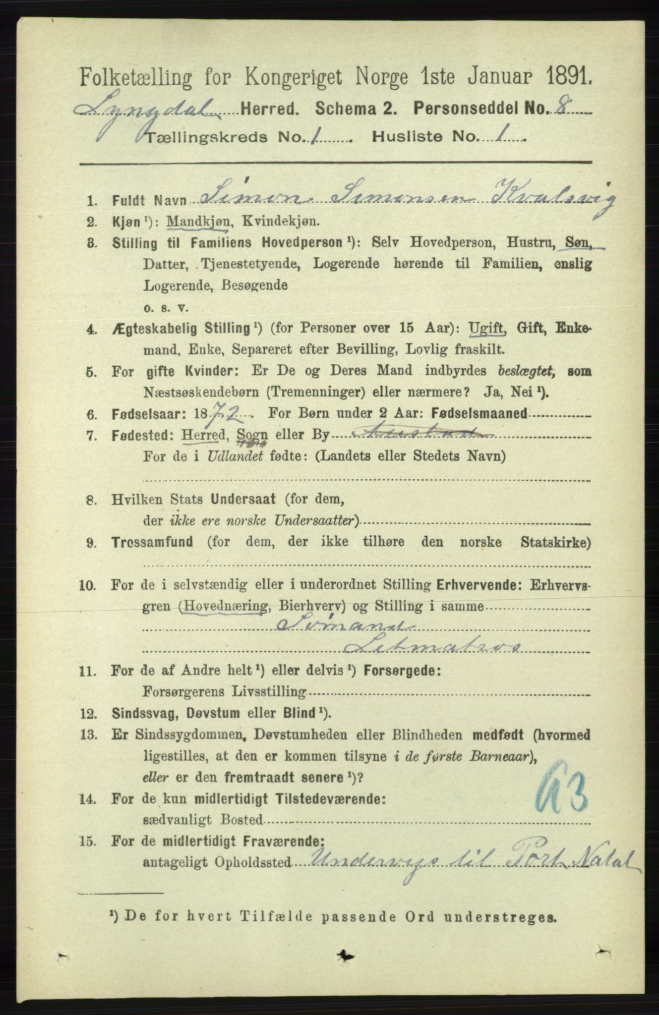 RA, 1891 census for 1032 Lyngdal, 1891, p. 125