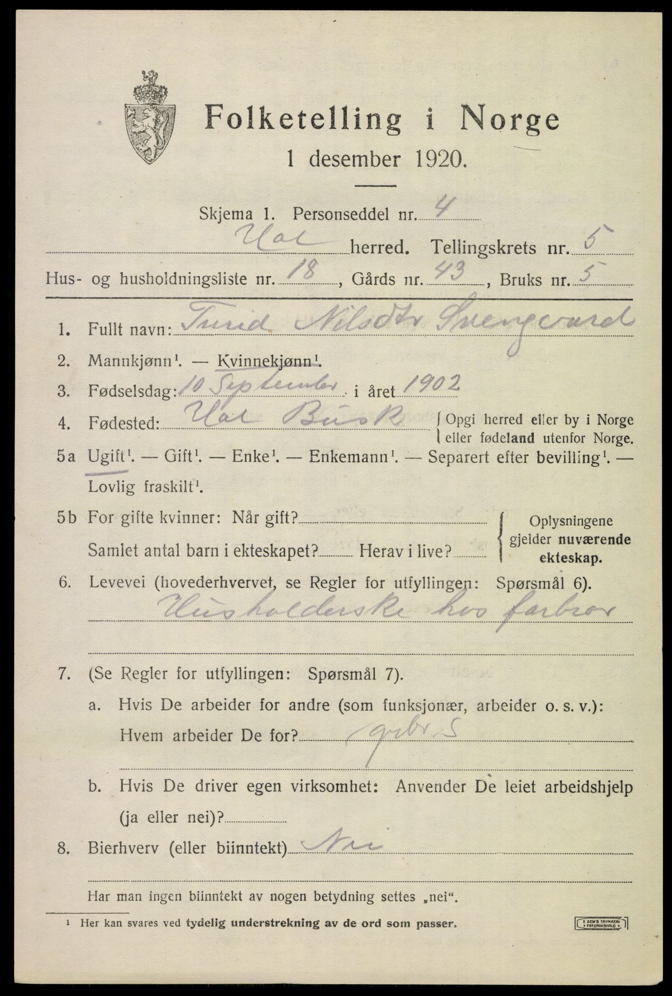 SAKO, 1920 census for Hol (Buskerud), 1920, p. 2945