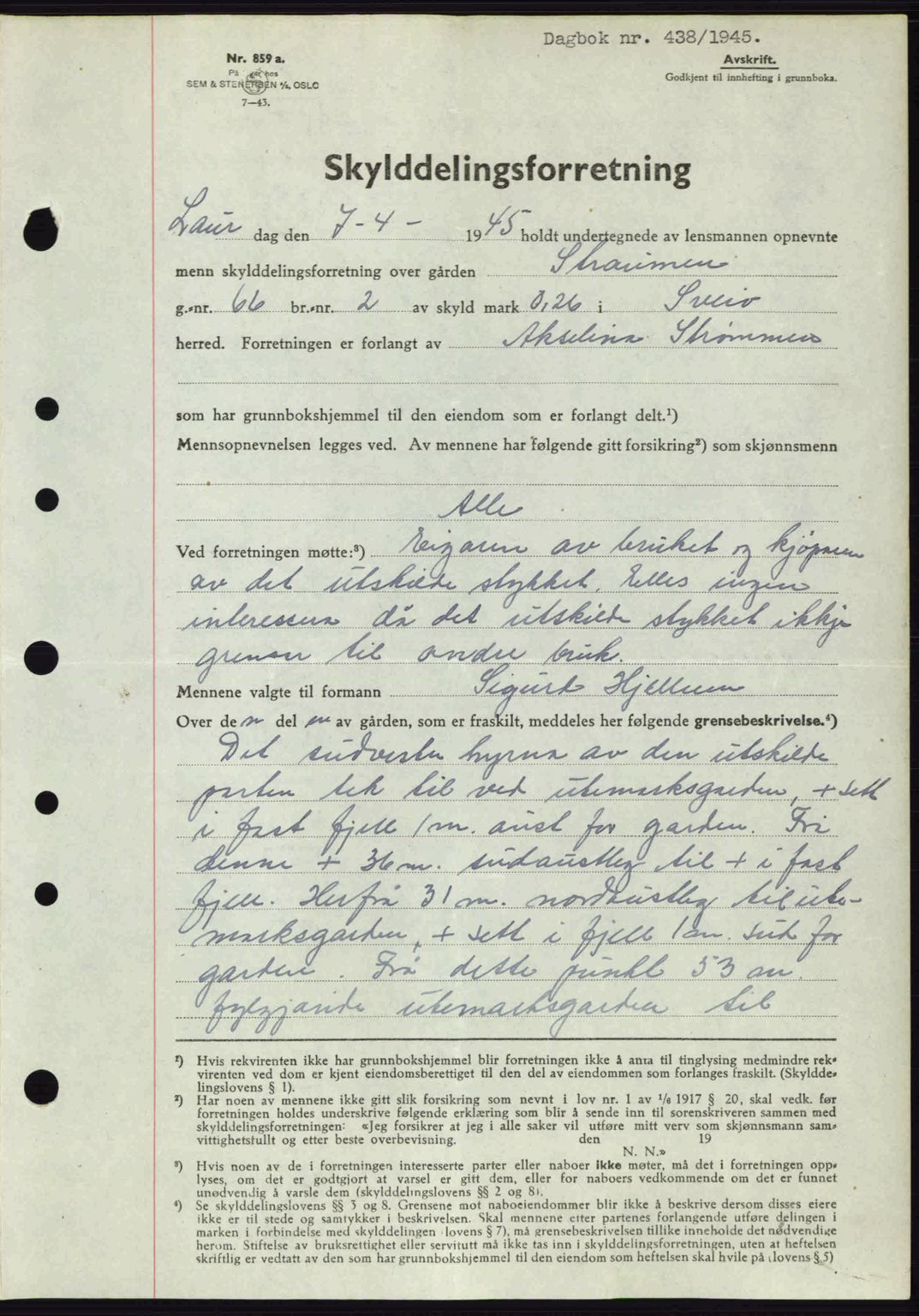 Sunnhordland sorenskrivar, AV/SAB-A-2401: Mortgage book no. A77, 1945-1945, Diary no: : 438/1945