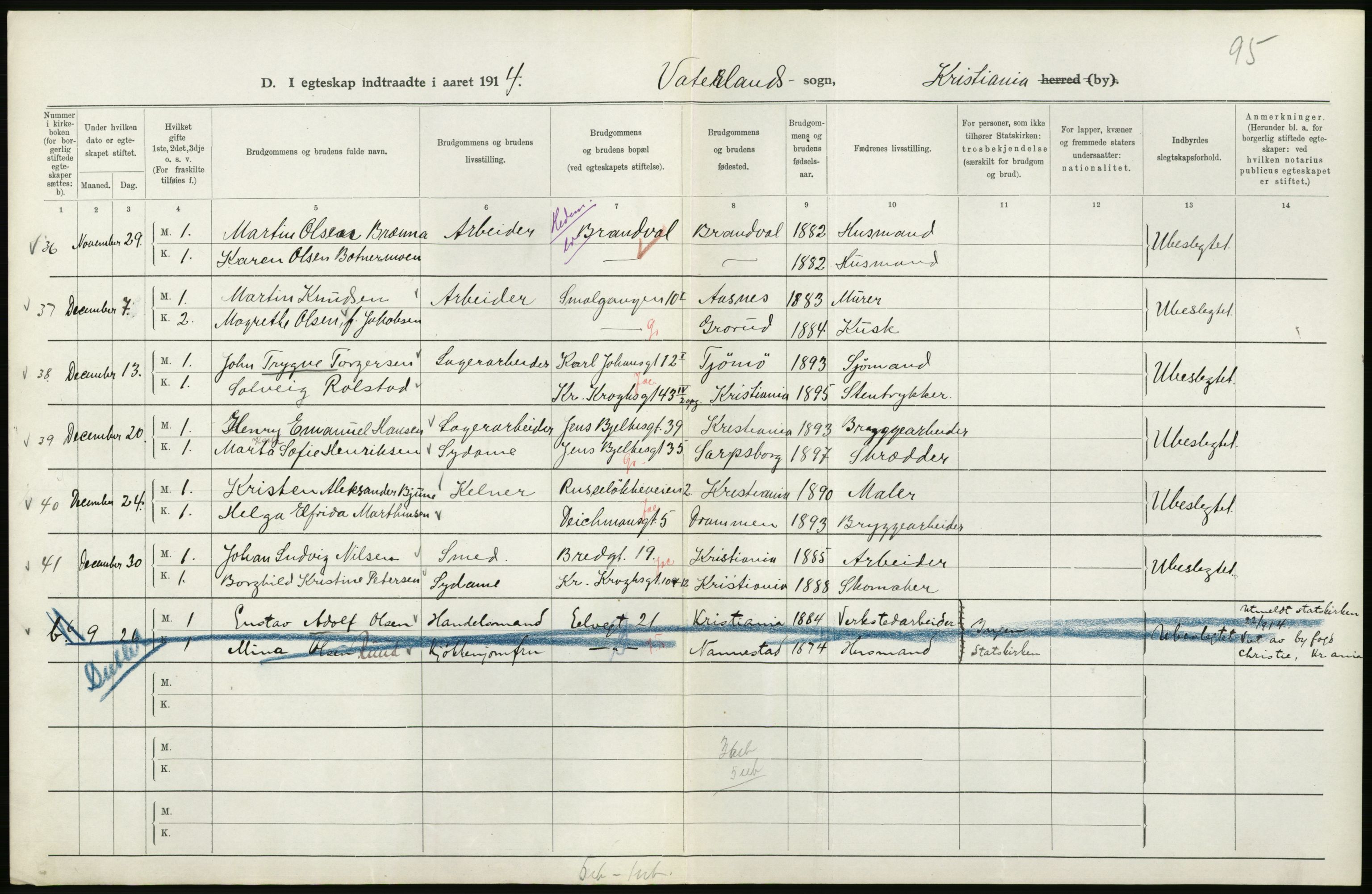 Statistisk sentralbyrå, Sosiodemografiske emner, Befolkning, AV/RA-S-2228/D/Df/Dfb/Dfbd/L0007: Kristiania: Gifte, 1914, p. 104