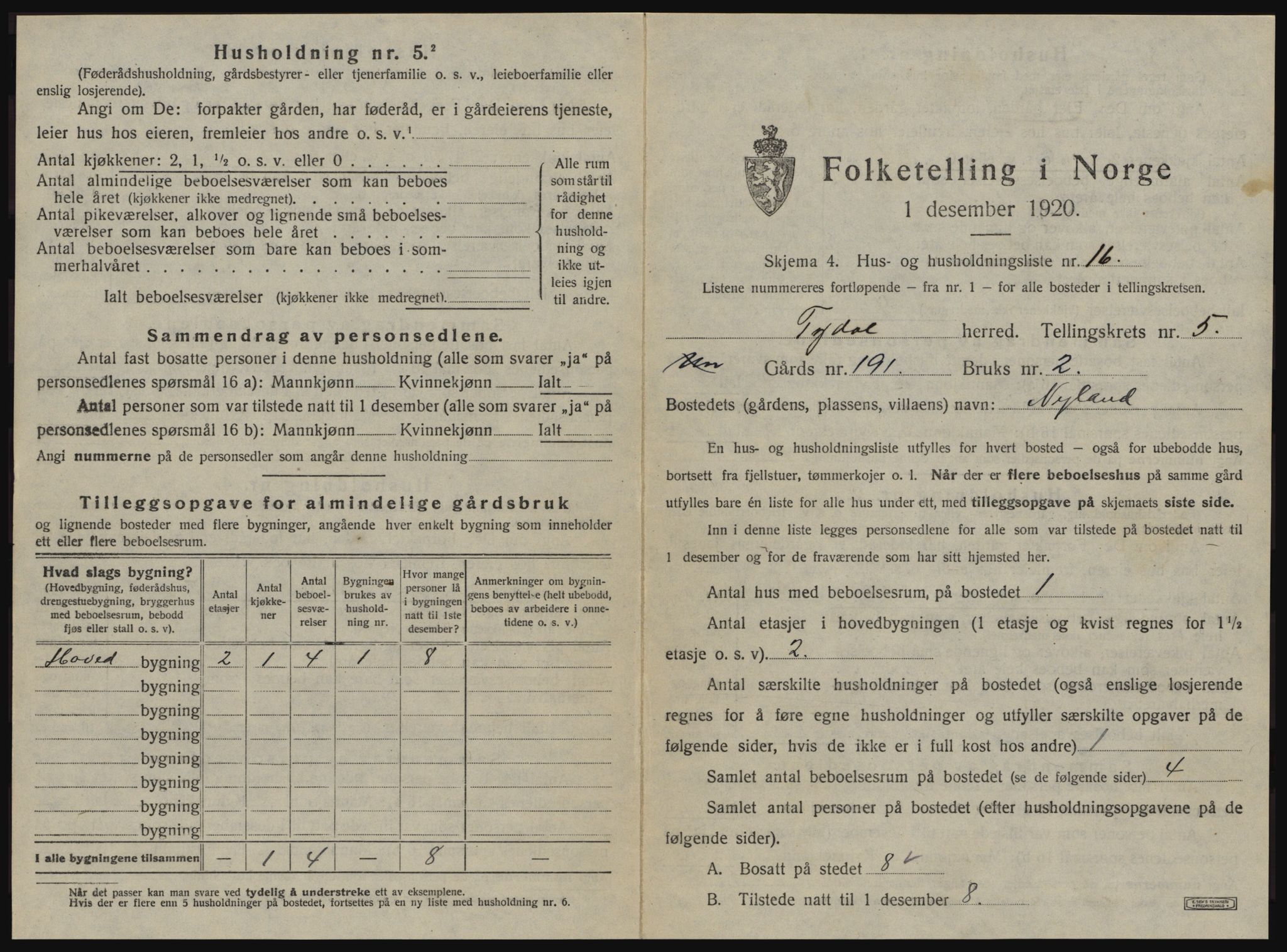 SAT, 1920 census for Tydal, 1920, p. 299