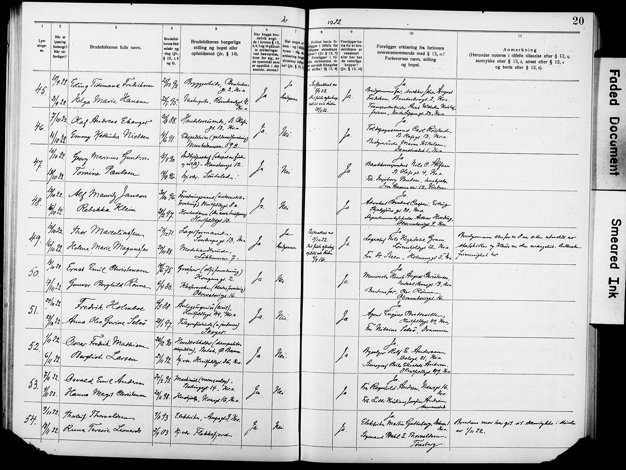Johannes prestekontor Kirkebøker, SAO/A-10852/H/Ha/L0006: Banns register no. 6, 1920-1930, p. 20