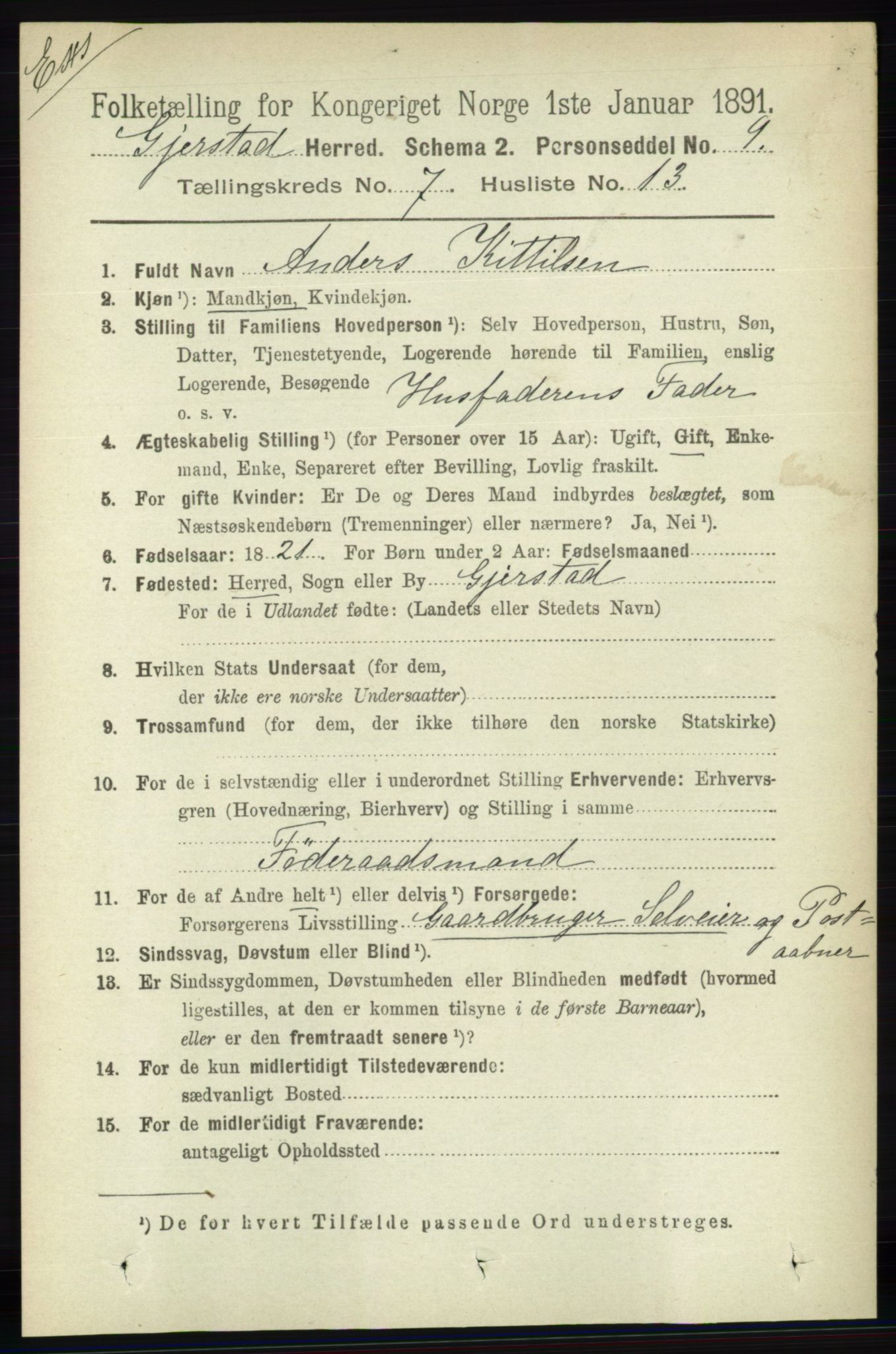 RA, Census 1891 for Nedenes amt: Gjenparter av personsedler for beslektede ektefeller, menn, 1891, p. 94