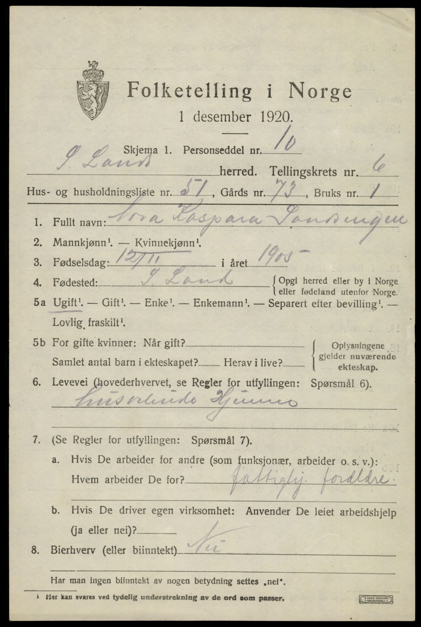 SAH, 1920 census for Søndre Land, 1920, p. 6889