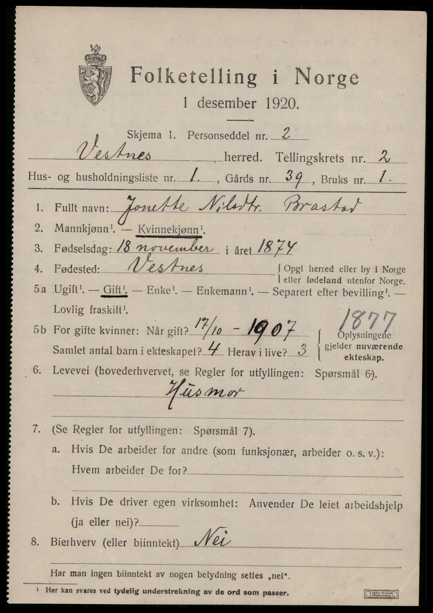 SAT, 1920 census for Vestnes, 1920, p. 1939