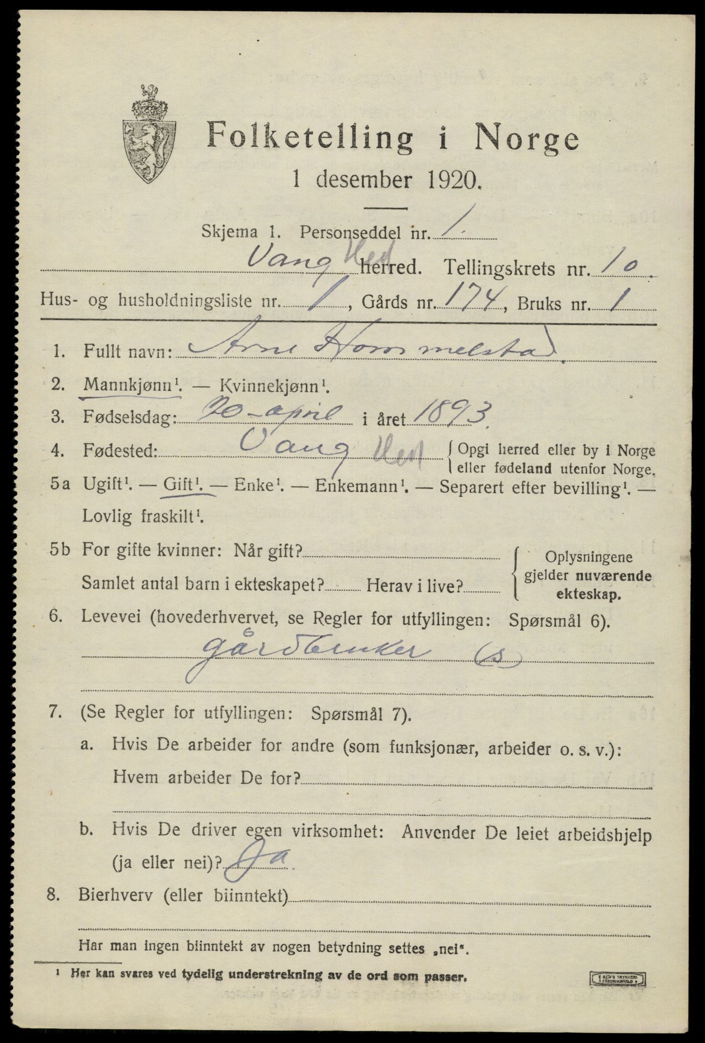 SAH, 1920 census for Vang (Hedmark), 1920, p. 19391