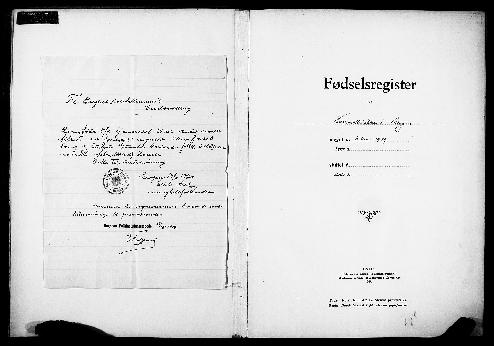 Kvinneklinikken, SAB/A-76301/F/L0A05: Birth register no. A 5, 1929-1931