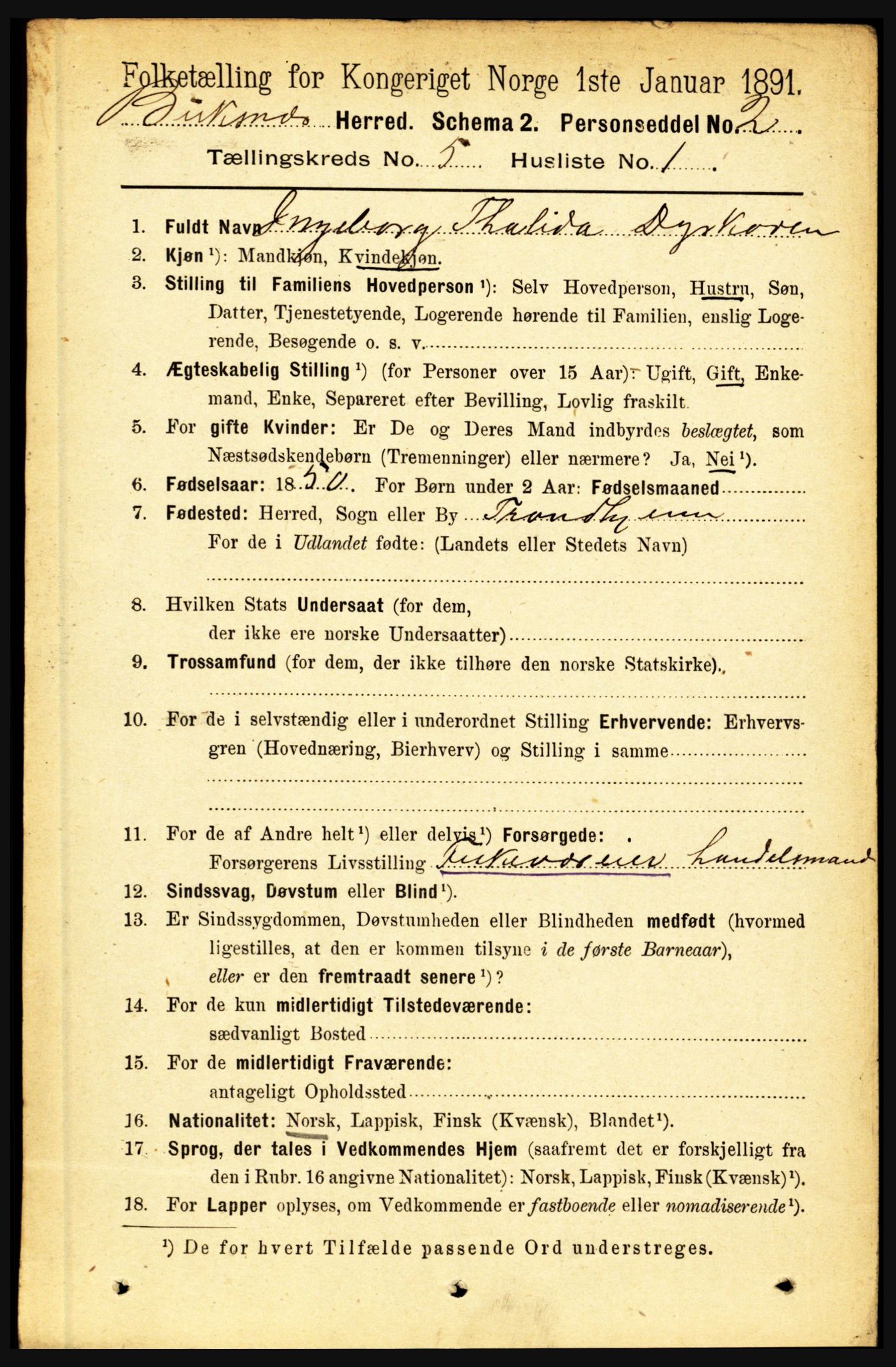 RA, 1891 census for 1860 Buksnes, 1891, p. 3870