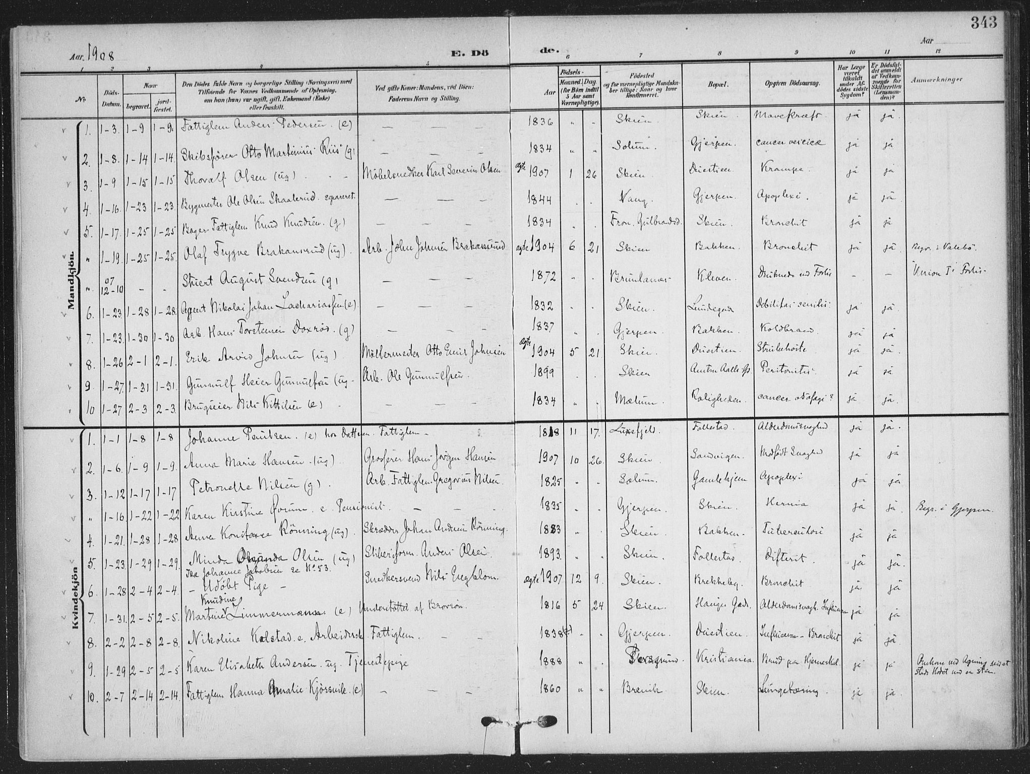 Skien kirkebøker, SAKO/A-302/F/Fa/L0012: Parish register (official) no. 12, 1908-1914, p. 343