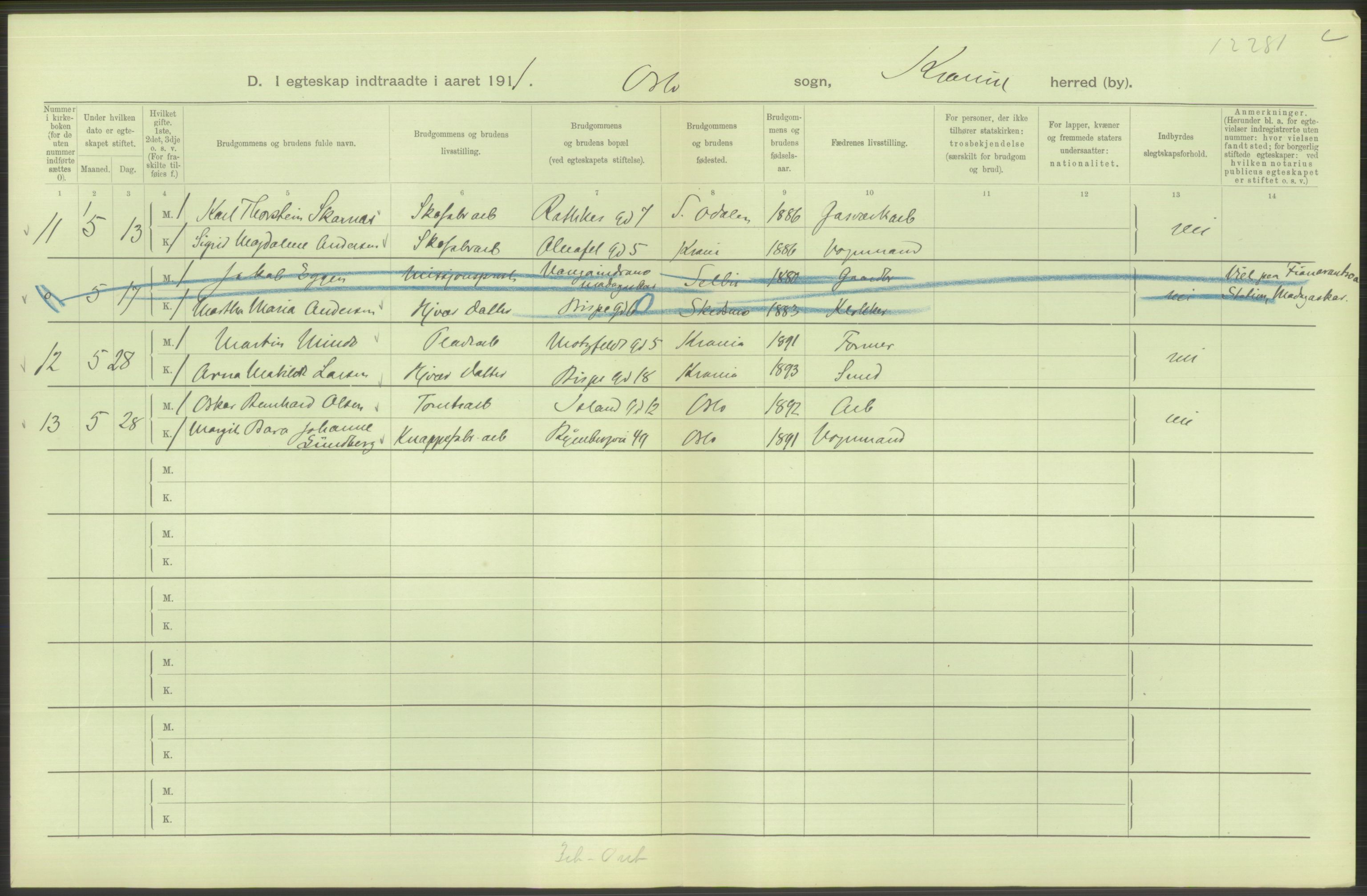 Statistisk sentralbyrå, Sosiodemografiske emner, Befolkning, AV/RA-S-2228/D/Df/Dfb/Dfba/L0008: Kristiania: Gifte, 1911, p. 196