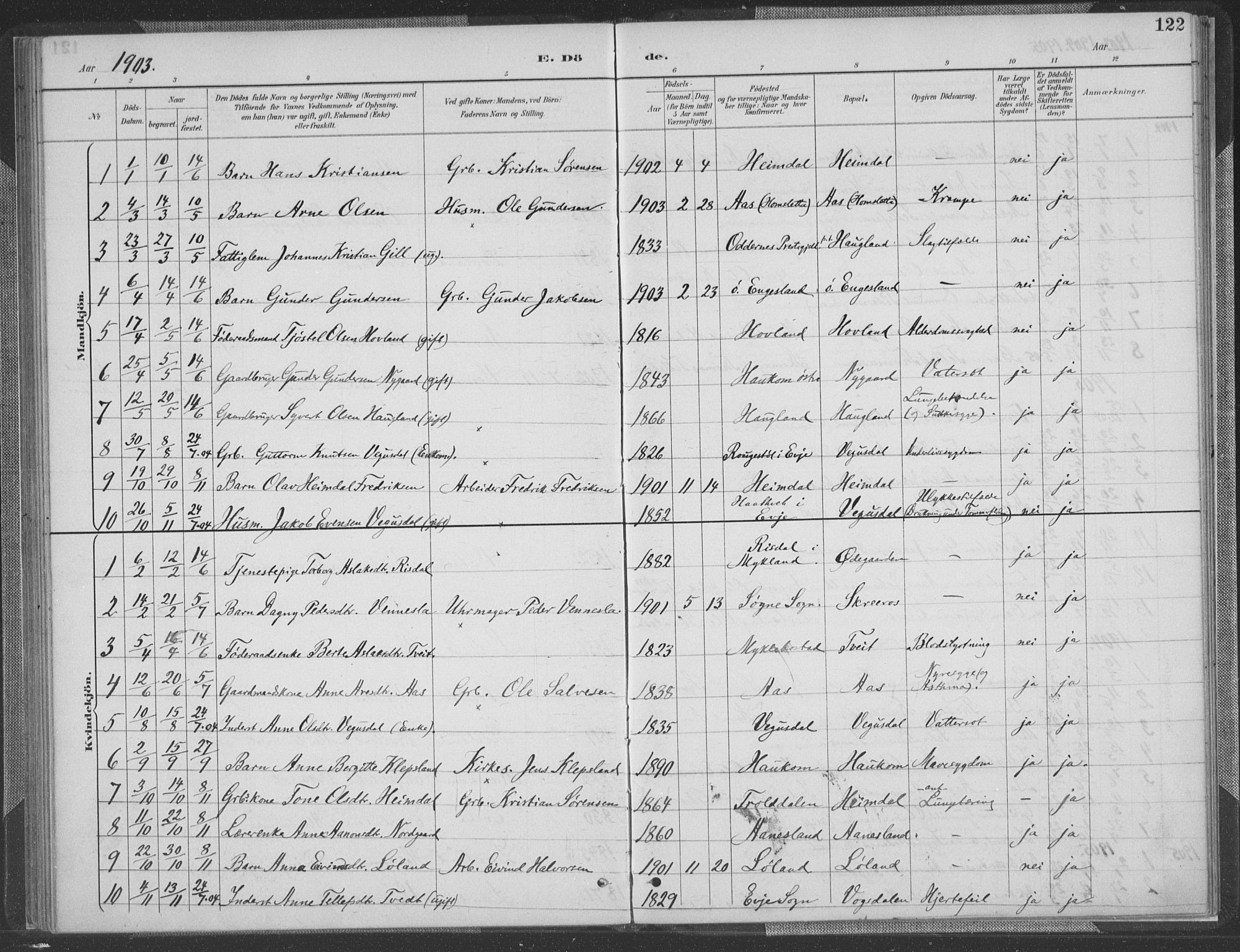 Herefoss sokneprestkontor, SAK/1111-0019/F/Fa/Fab/L0004: Parish register (official) no. A 4, 1887-1909, p. 122