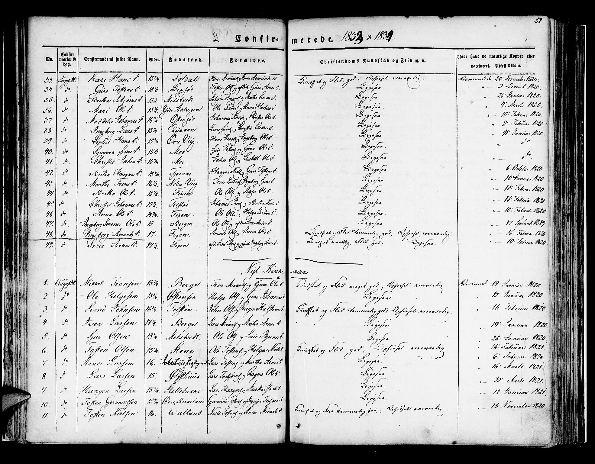 Kvam sokneprestembete, SAB/A-76201/H/Haa: Parish register (official) no. A 7, 1832-1843, p. 51
