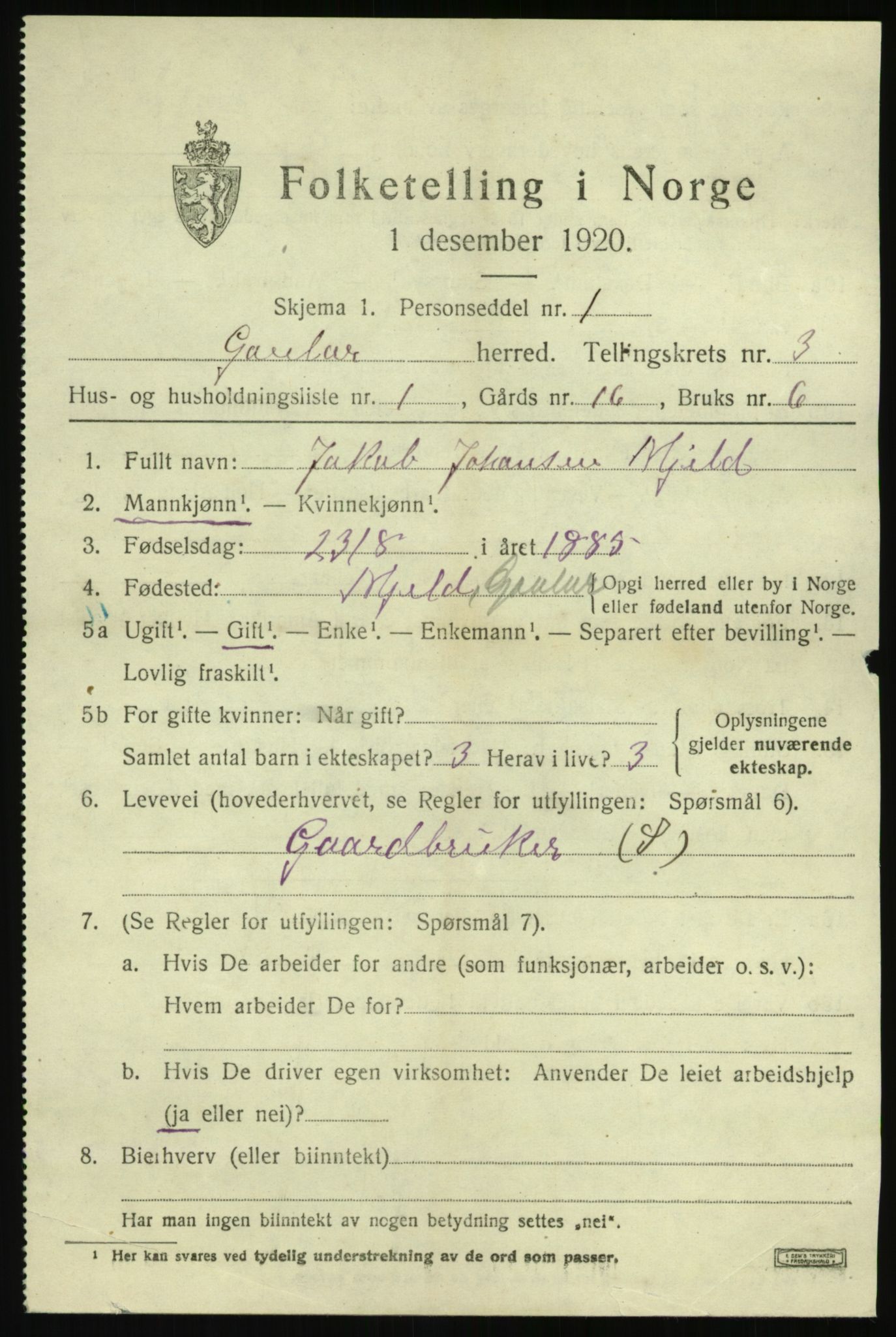 SAB, 1920 census for Gaular, 1920, p. 1808