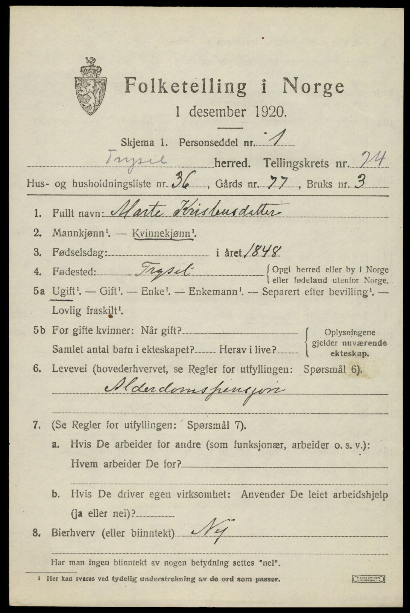 SAH, 1920 census for Trysil, 1920, p. 15663