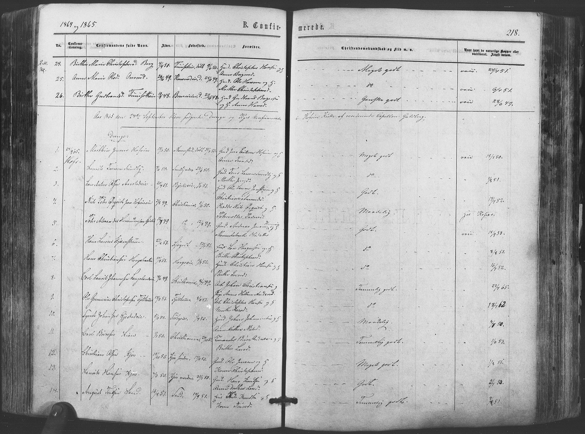 Ullensaker prestekontor Kirkebøker, AV/SAO-A-10236a/F/Fa/L0016: Parish register (official) no. I 16, 1863-1875, p. 218