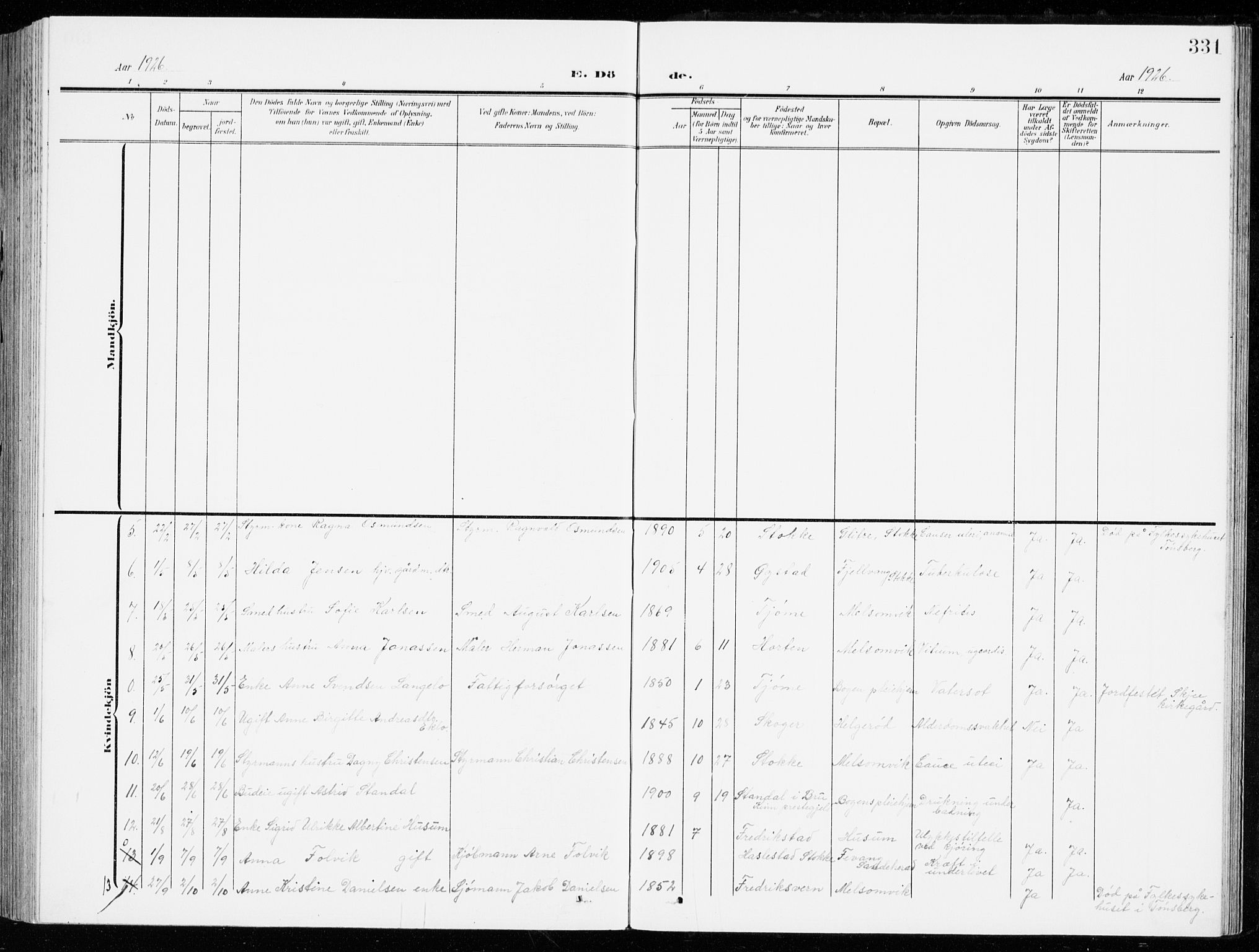 Stokke kirkebøker, AV/SAKO-A-320/G/Ga/L0001: Parish register (copy) no. I 1, 1904-1940, p. 331