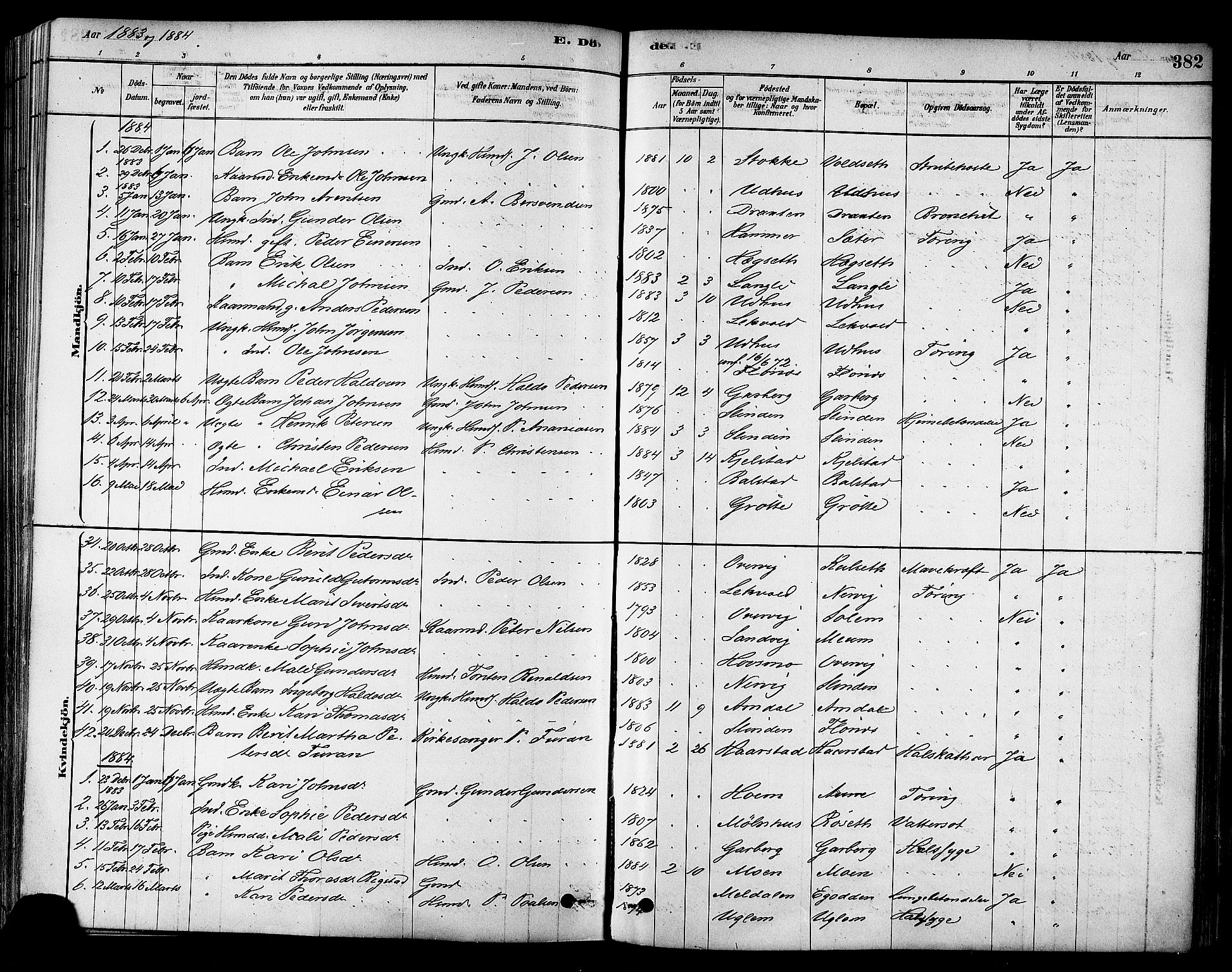 Ministerialprotokoller, klokkerbøker og fødselsregistre - Sør-Trøndelag, SAT/A-1456/695/L1148: Parish register (official) no. 695A08, 1878-1891, p. 382