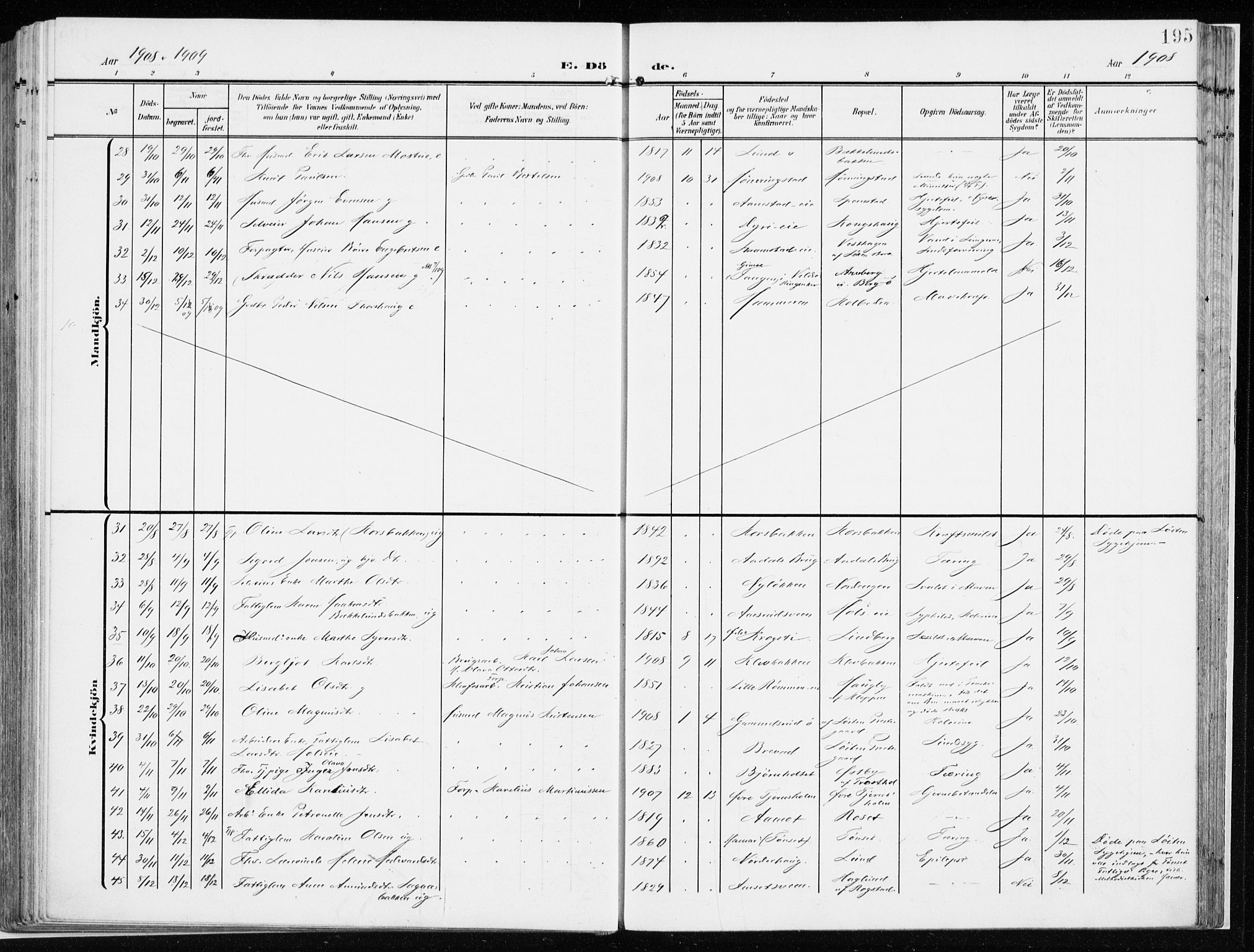 Løten prestekontor, AV/SAH-PREST-022/K/Ka/L0011: Parish register (official) no. 11, 1908-1917, p. 195