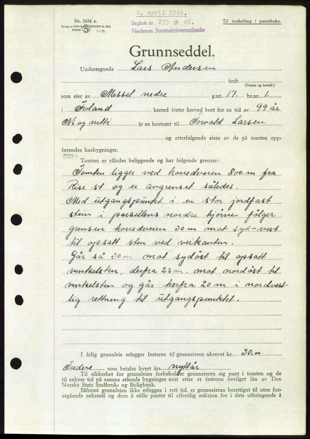 Nedenes sorenskriveri, SAK/1221-0006/G/Gb/Gba/L0054: Mortgage book no. A6c, 1946-1946, Diary no: : 299/1946