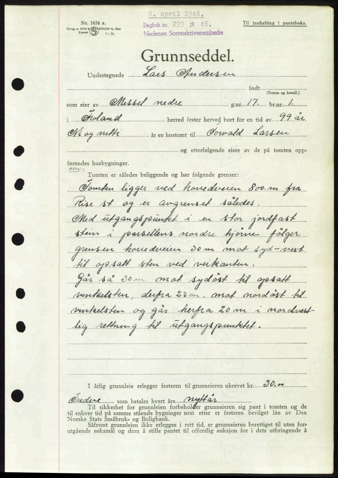 Nedenes sorenskriveri, AV/SAK-1221-0006/G/Gb/Gba/L0054: Mortgage book no. A6c, 1946-1946, Diary no: : 299/1946