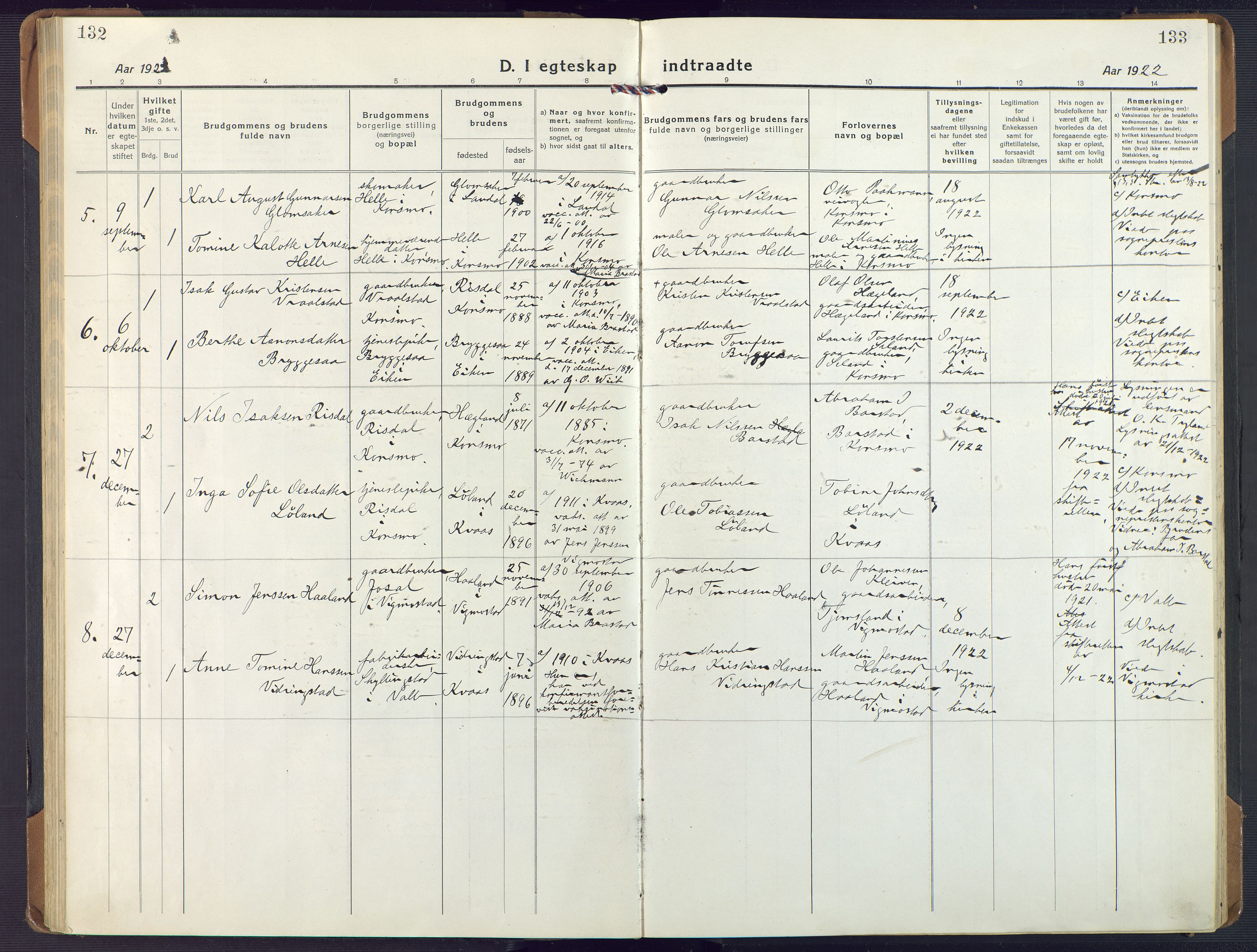 Nord-Audnedal sokneprestkontor, SAK/1111-0032/F/Fa/Fab/L0005: Parish register (official) no. A 5, 1918-1925, p. 132-133