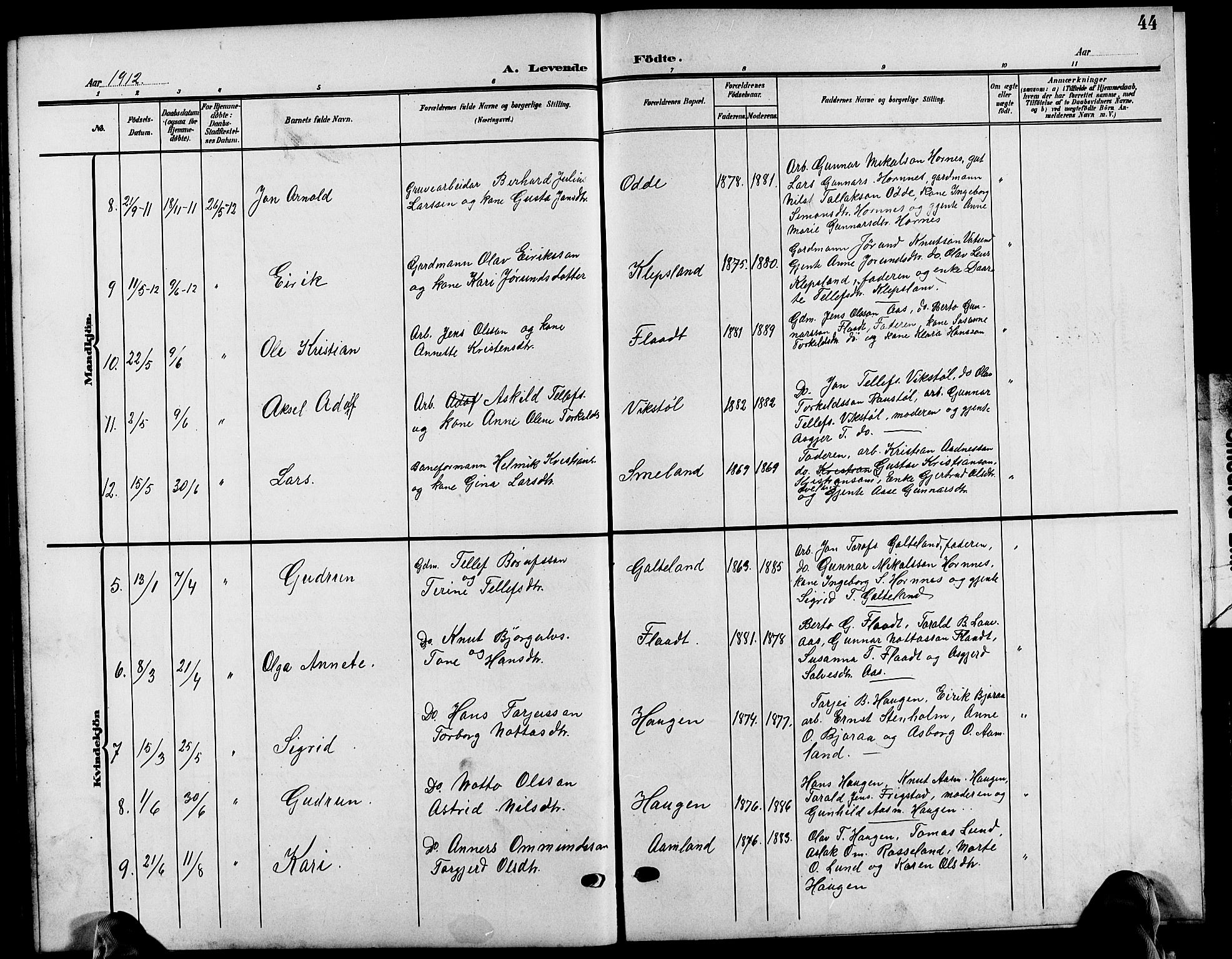 Evje sokneprestkontor, AV/SAK-1111-0008/F/Fb/Fba/L0004: Parish register (copy) no. B 4, 1899-1914, p. 44