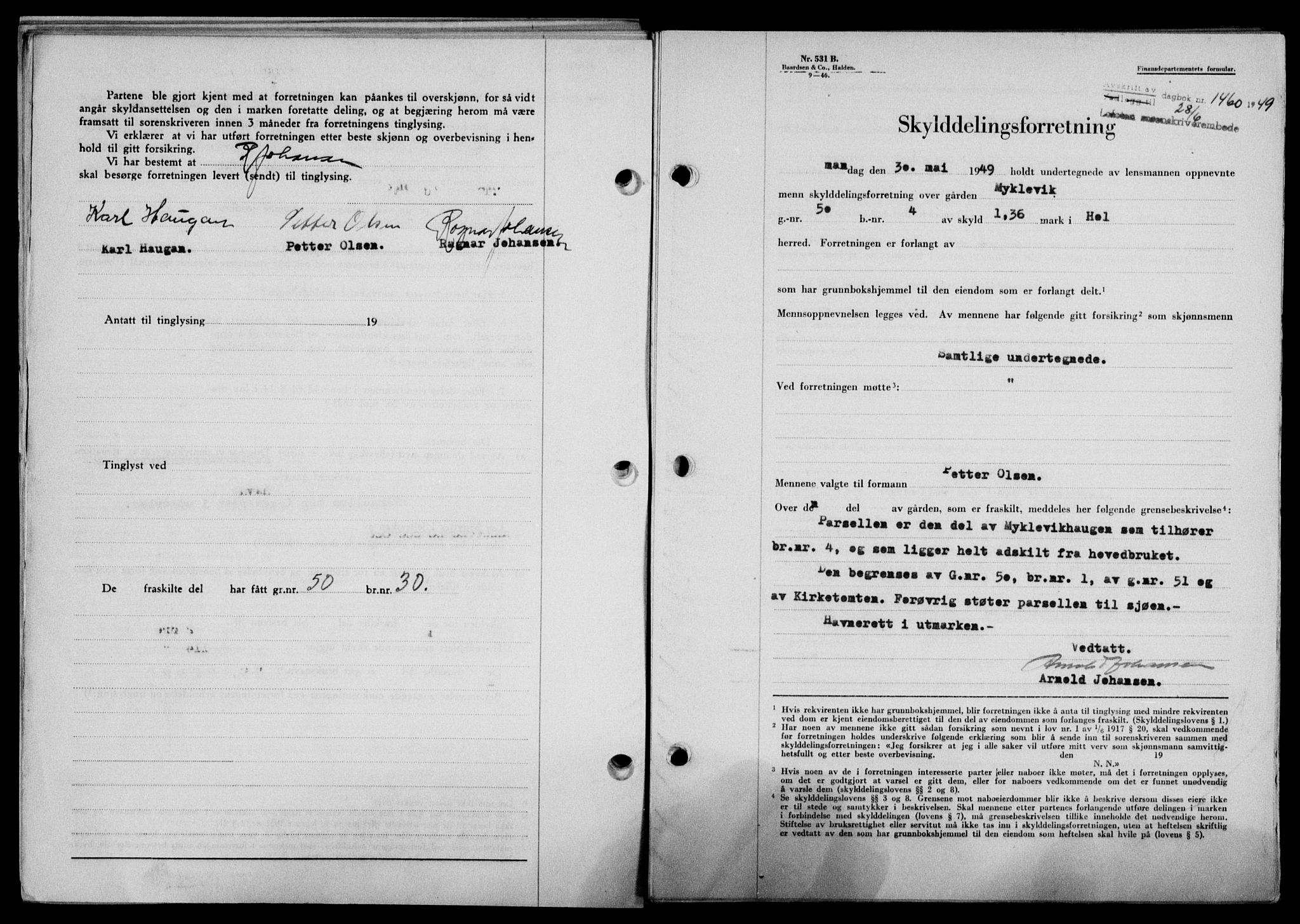 Lofoten sorenskriveri, SAT/A-0017/1/2/2C/L0021a: Mortgage book no. 21a, 1949-1949, Diary no: : 1460/1949