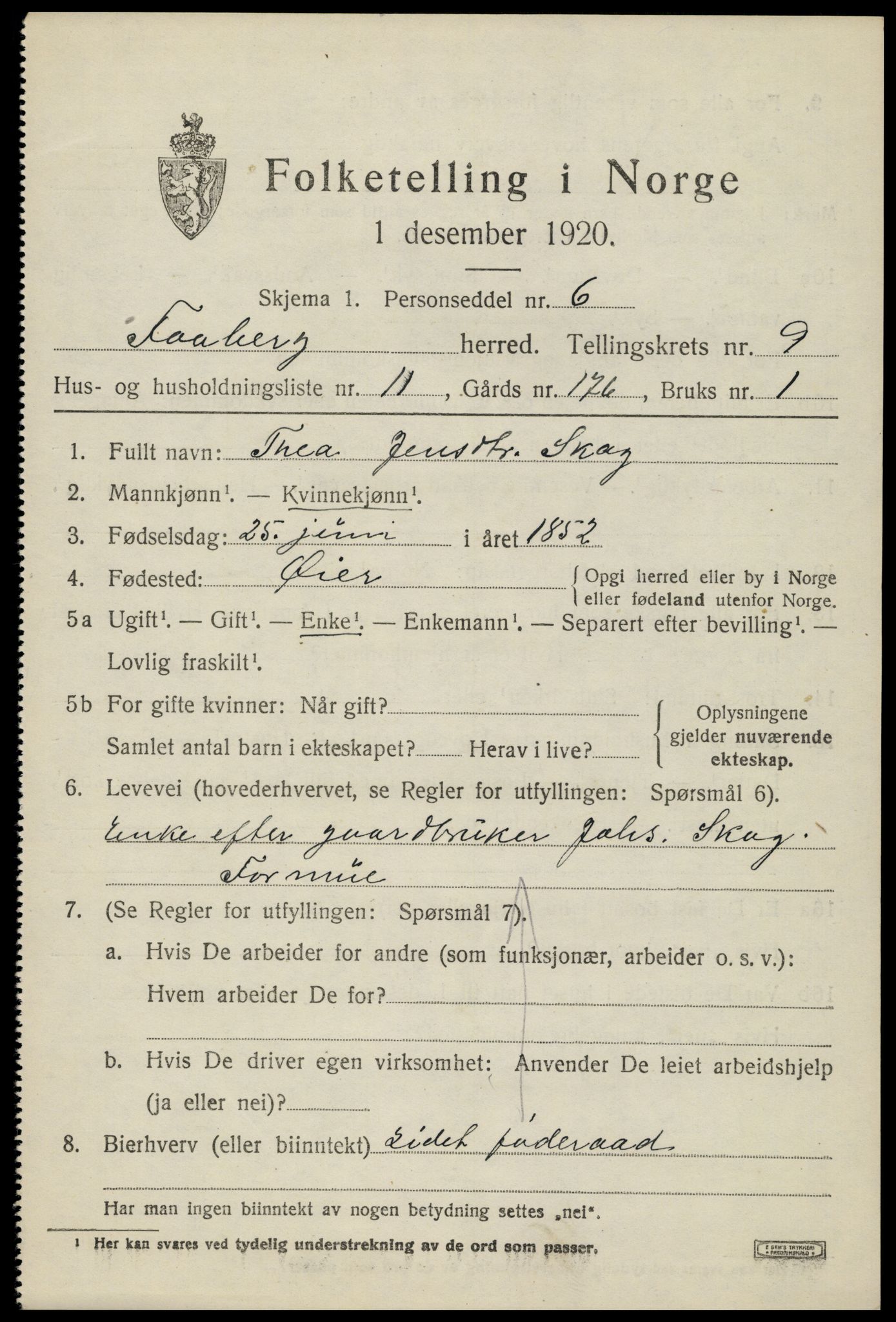 SAH, 1920 census for Fåberg, 1920, p. 10144