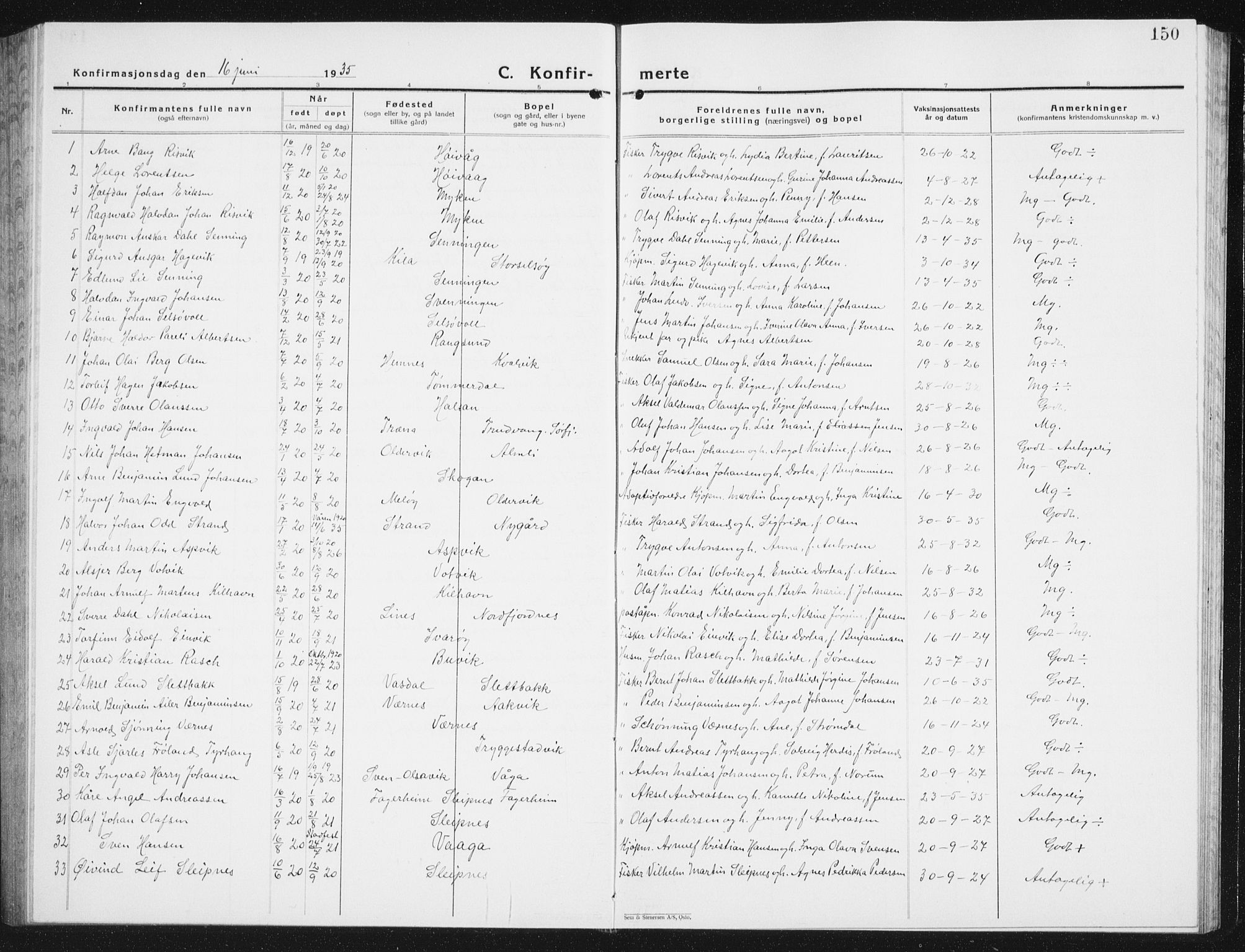 Ministerialprotokoller, klokkerbøker og fødselsregistre - Nordland, SAT/A-1459/841/L0622: Parish register (copy) no. 841C06, 1924-1942, p. 150