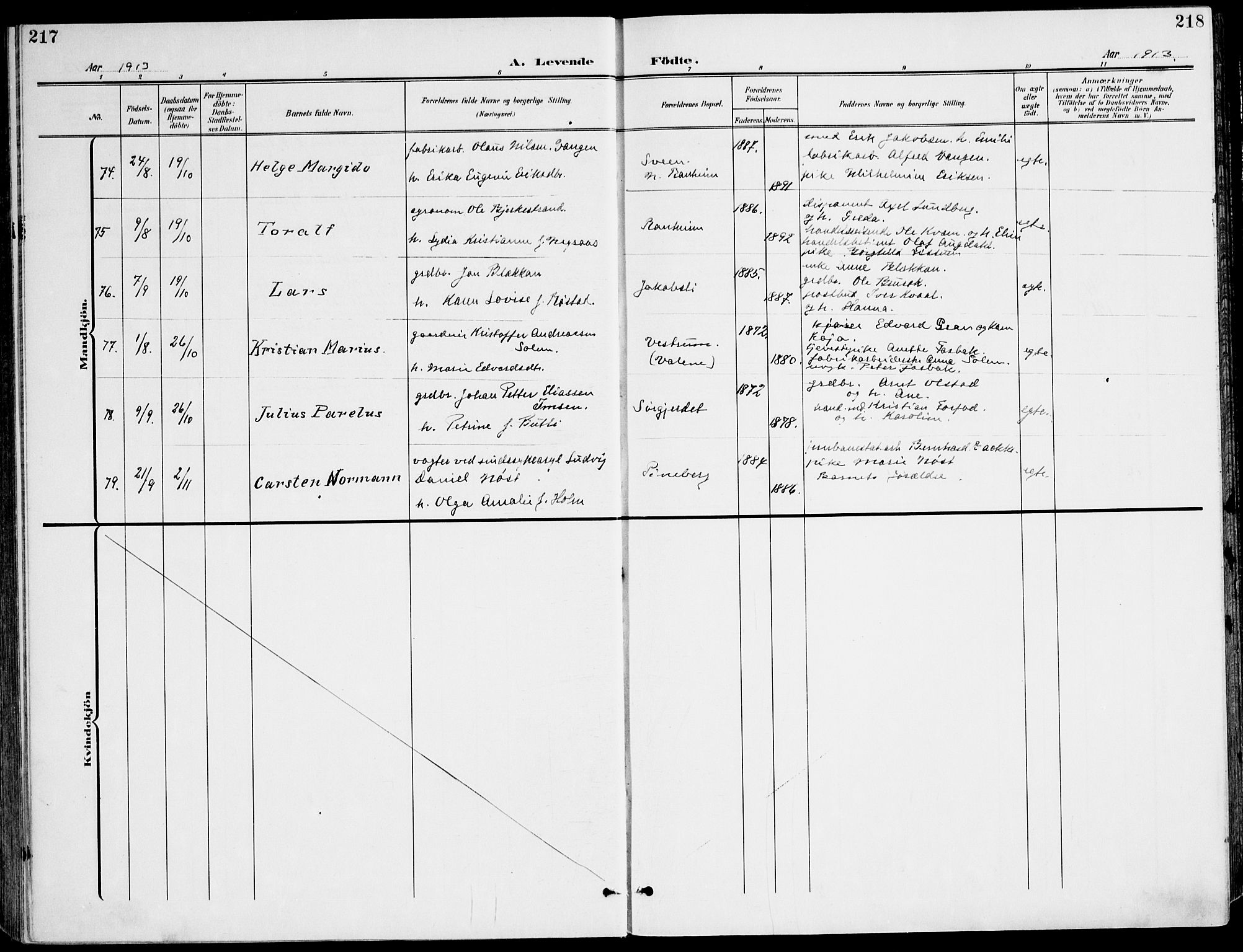 Ministerialprotokoller, klokkerbøker og fødselsregistre - Sør-Trøndelag, AV/SAT-A-1456/607/L0320: Parish register (official) no. 607A04, 1907-1915, p. 217-218