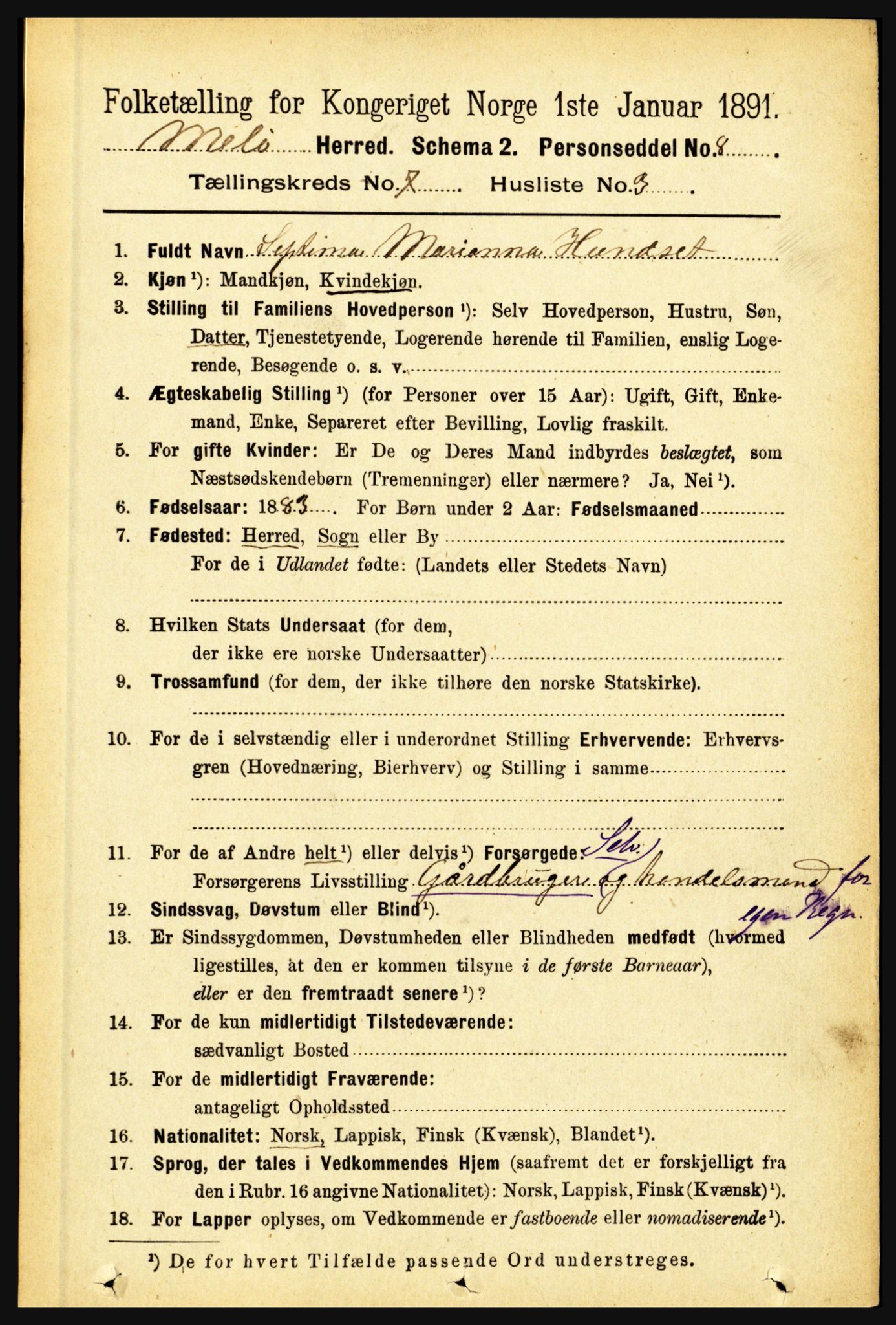 RA, 1891 census for 1837 Meløy, 1891, p. 2881