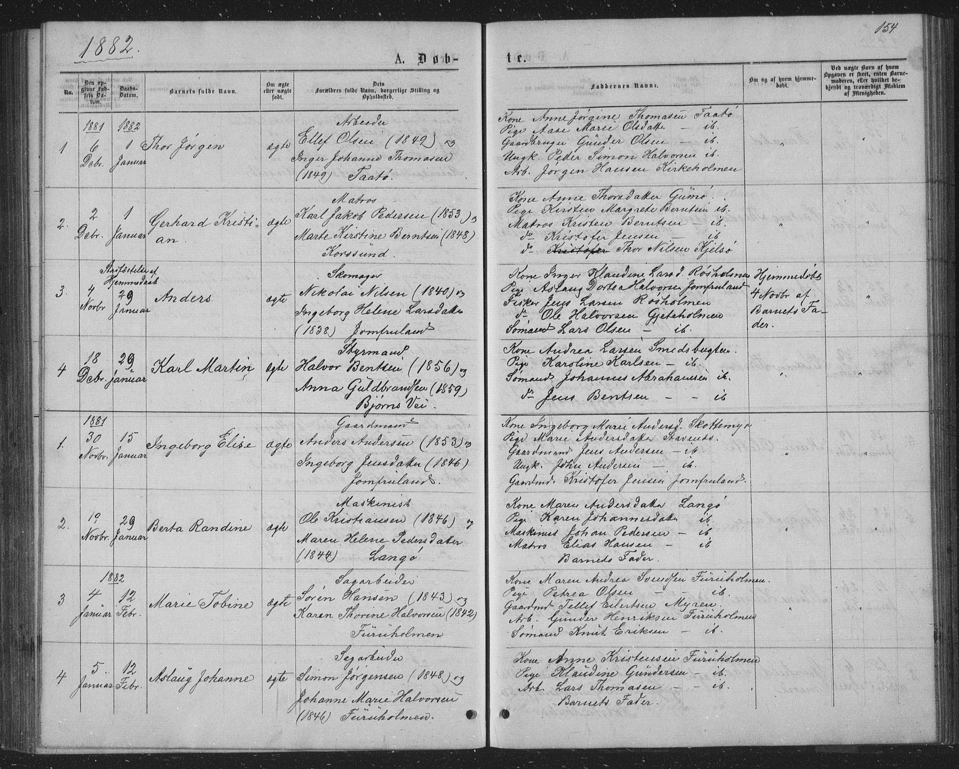 Skåtøy kirkebøker, AV/SAKO-A-304/G/Ga/L0002: Parish register (copy) no. I 2, 1872-1884, p. 154
