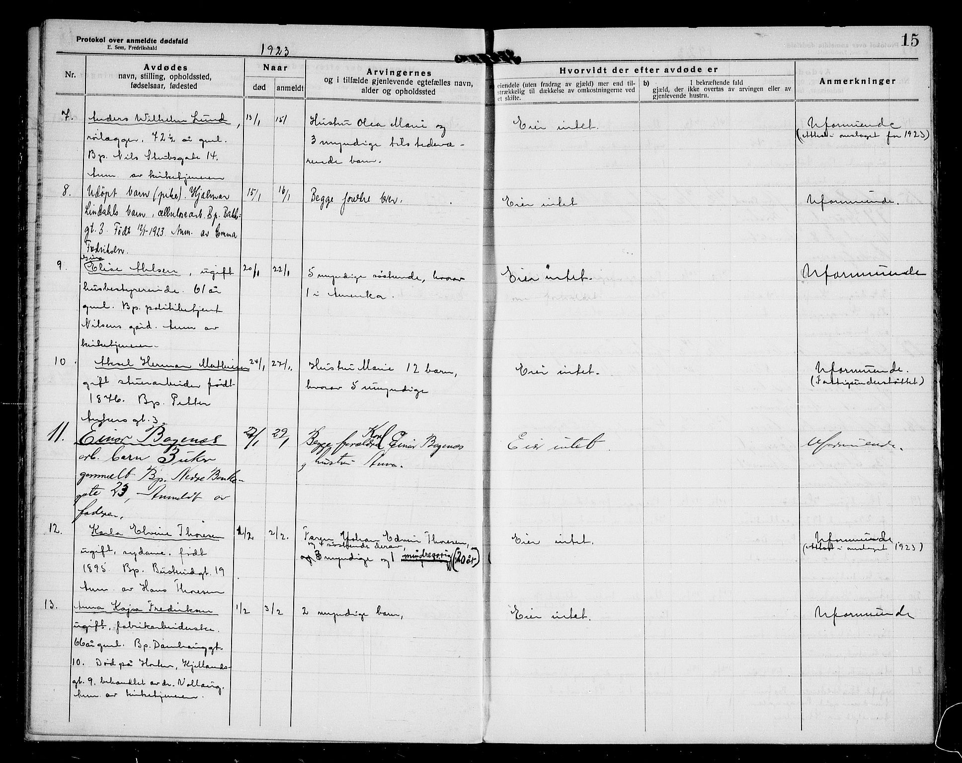 Halden byfogd, AV/SAO-A-10865/H/Hb/Hba/L0005: Dødsanmeldelsesprotokoll, 1922-1927, p. 15