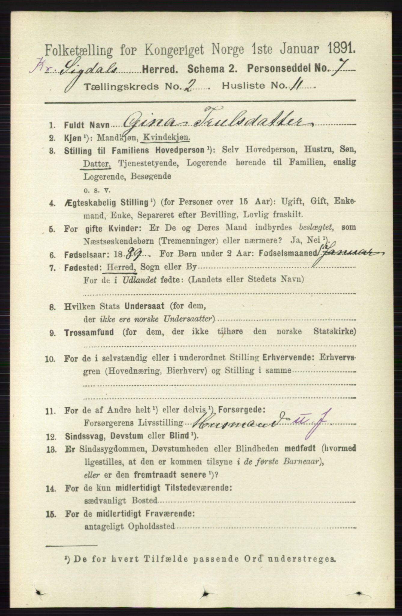 RA, 1891 census for 0621 Sigdal, 1891, p. 5405