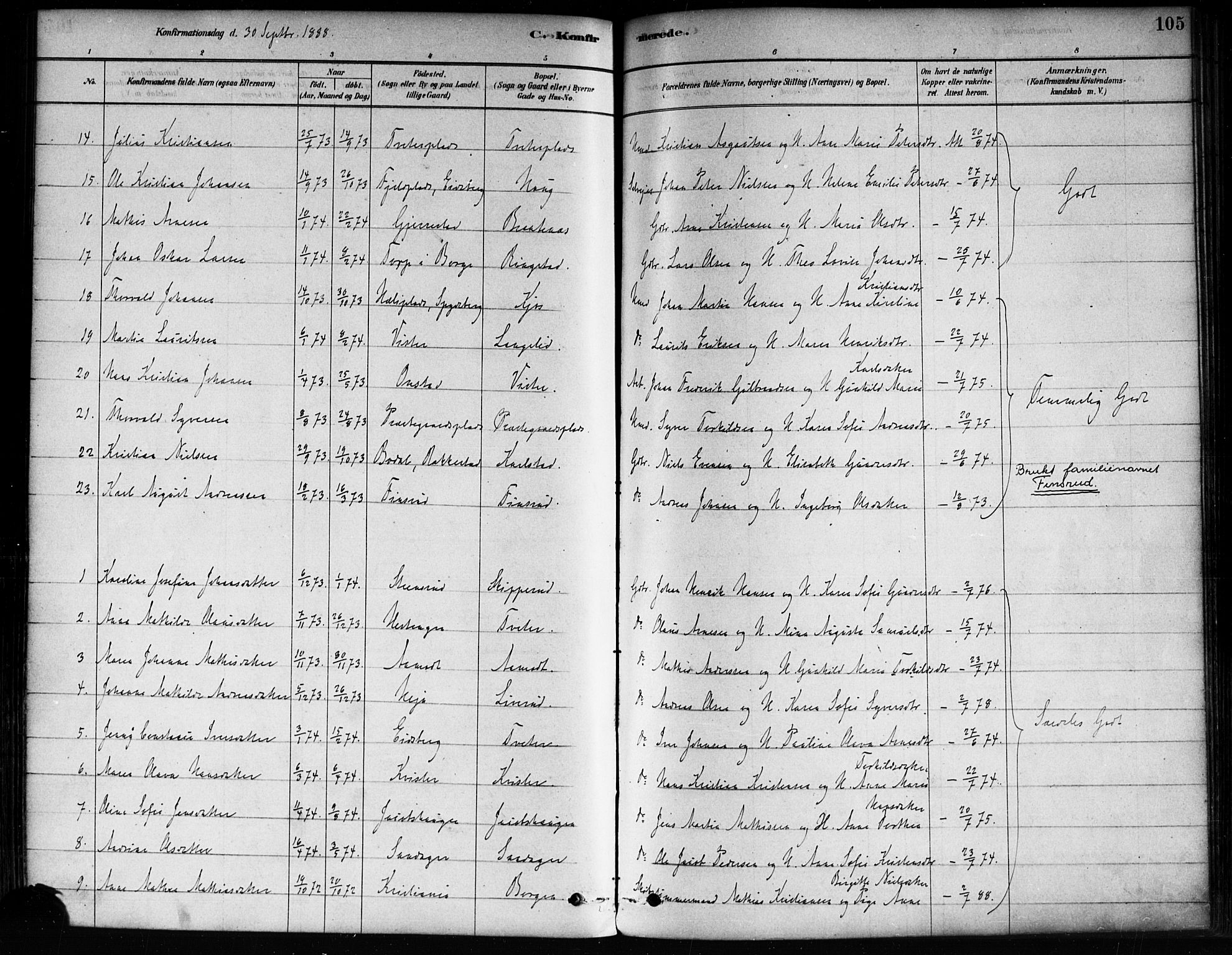 Skiptvet prestekontor Kirkebøker, AV/SAO-A-20009/F/Fa/L0009: Parish register (official) no. 9, 1878-1900, p. 105