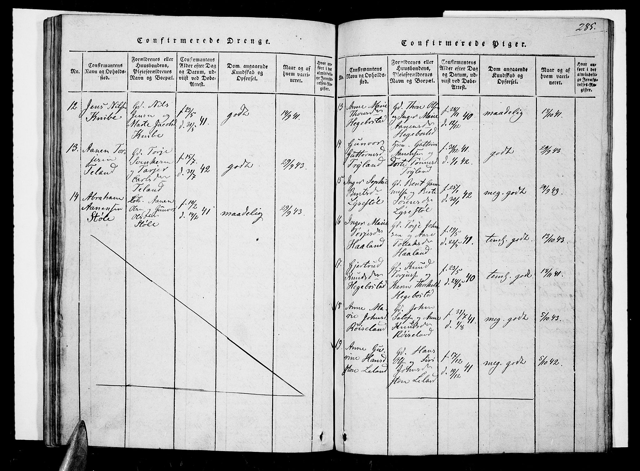 Nord-Audnedal sokneprestkontor, SAK/1111-0032/F/Fa/Fab/L0001: Parish register (official) no. A 1, 1816-1858, p. 285