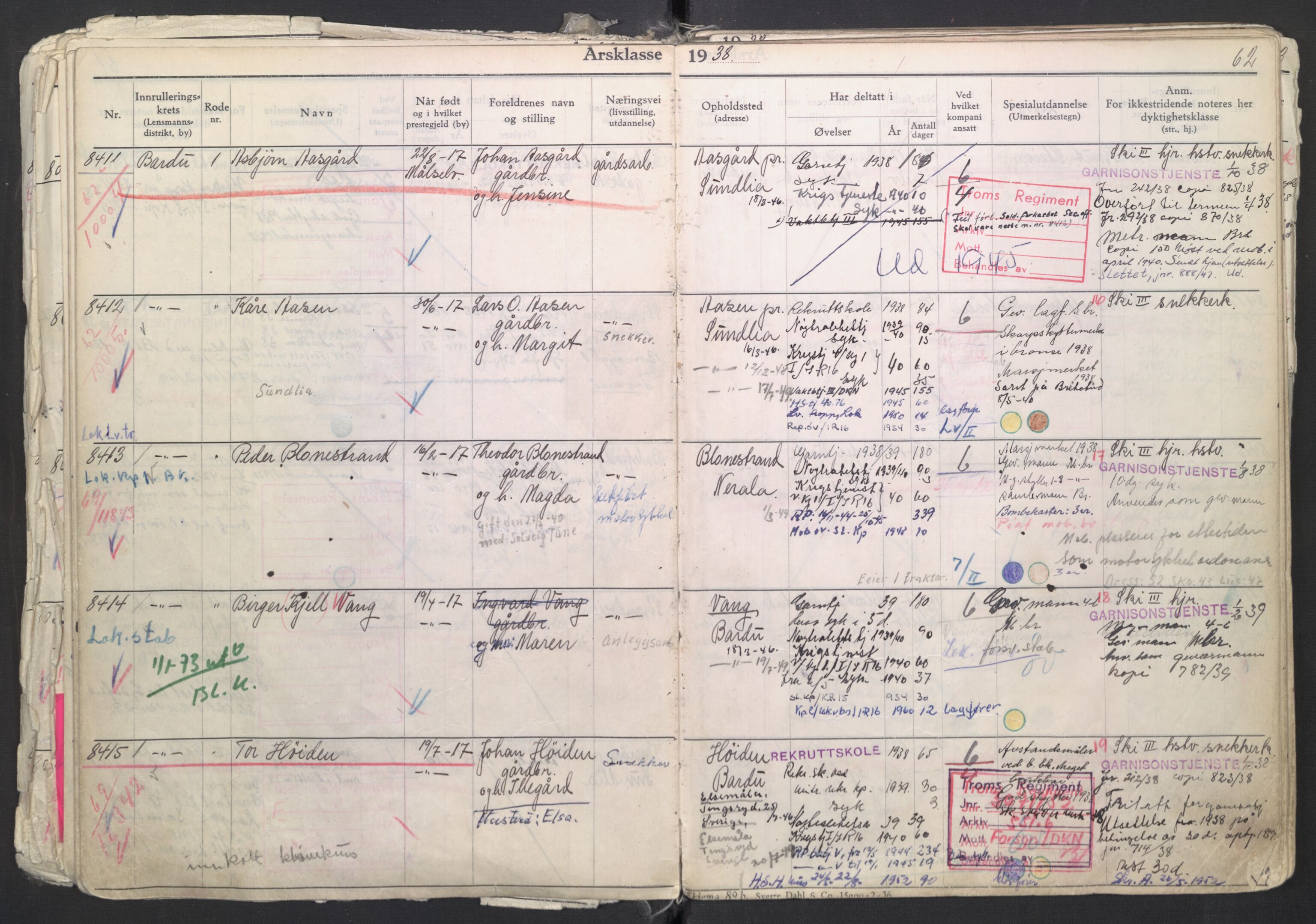 Forsvaret, Troms infanteriregiment nr. 16, AV/RA-RAFA-3146/P/Pa/L0007/0003: Ruller / Rulle for regimentets menige mannskaper, årsklasse 1938, 1938, p. 62