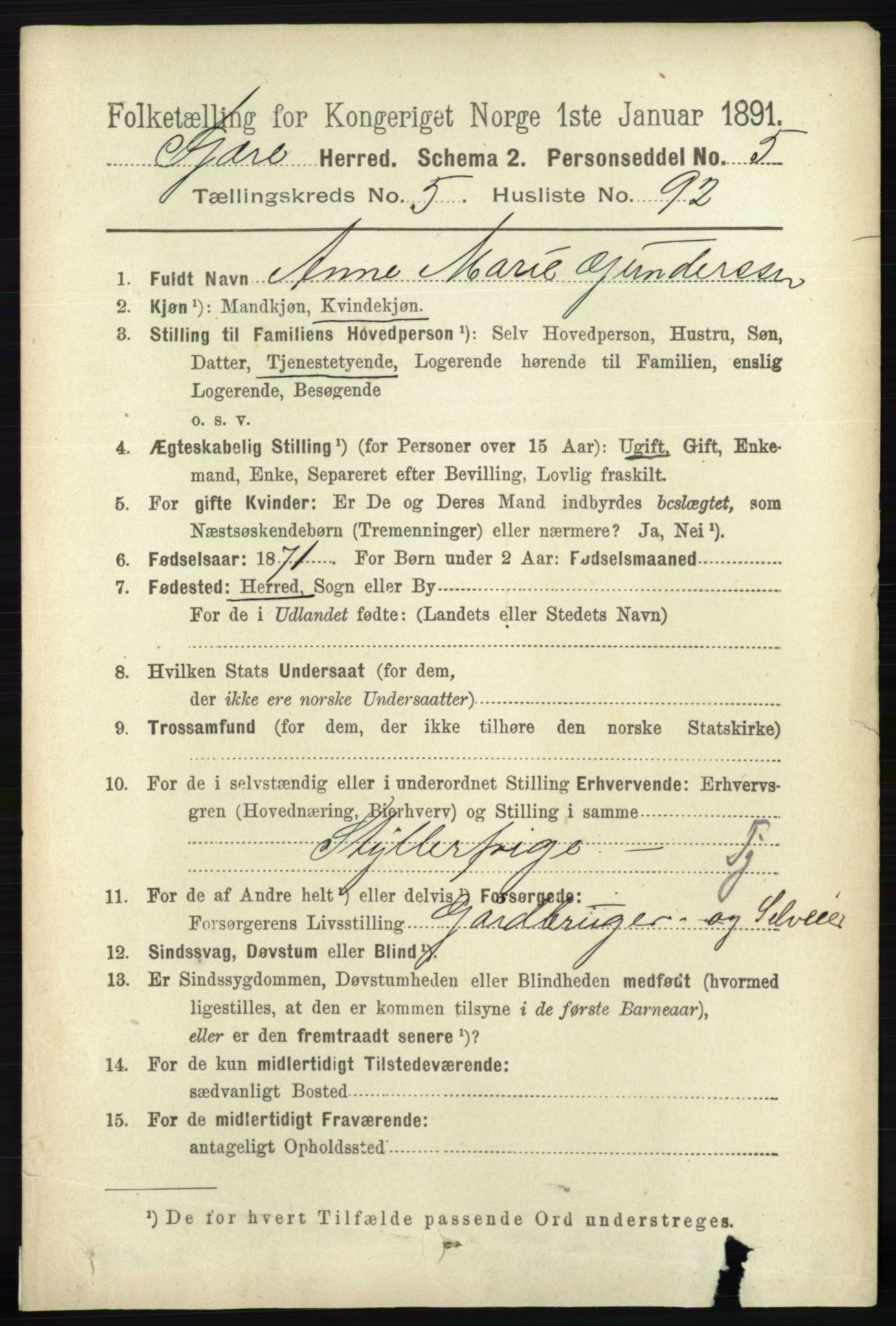 RA, 1891 census for 0923 Fjære, 1891, p. 2924