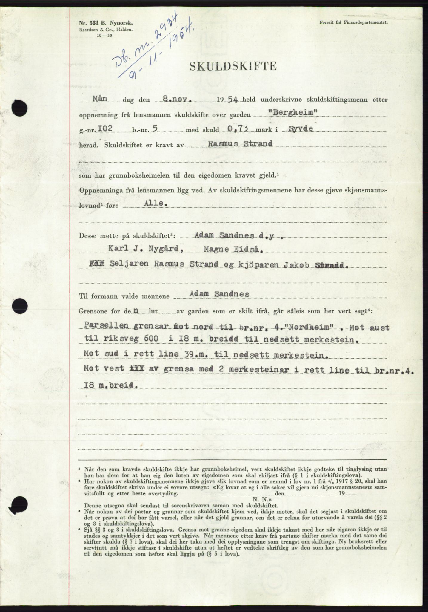 Søre Sunnmøre sorenskriveri, AV/SAT-A-4122/1/2/2C/L0099: Mortgage book no. 25A, 1954-1954, Diary no: : 2934/1954