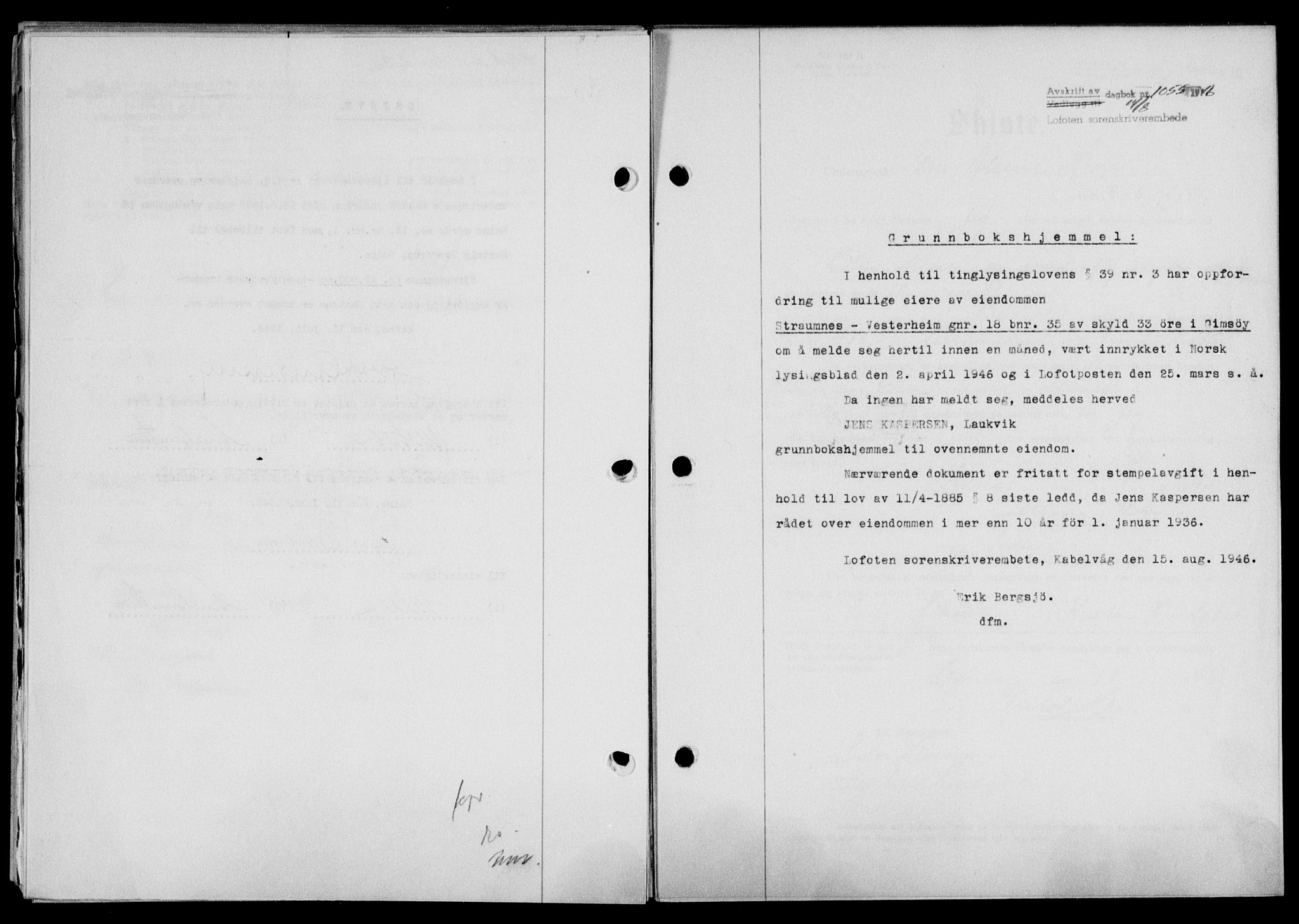 Lofoten sorenskriveri, SAT/A-0017/1/2/2C/L0014a: Mortgage book no. 14a, 1946-1946, Diary no: : 1055/1946