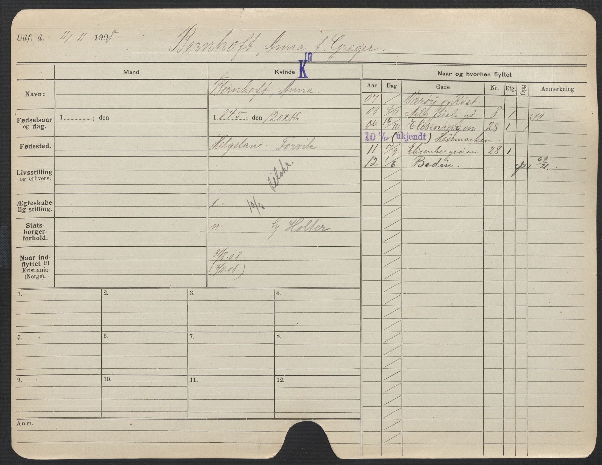 Oslo folkeregister, Registerkort, AV/SAO-A-11715/F/Fa/Fac/L0013: Kvinner, 1906-1914, p. 275a