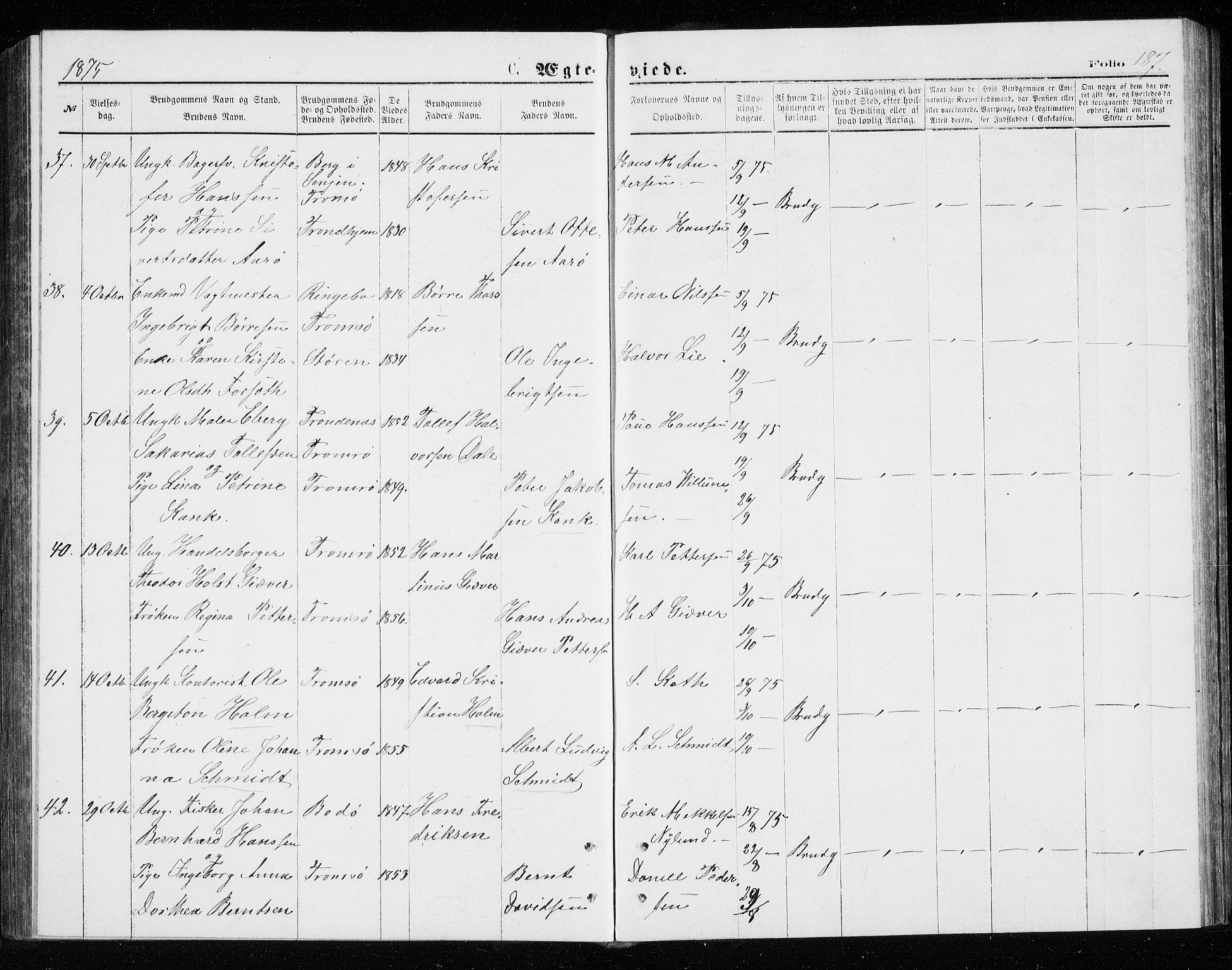 Tromsø sokneprestkontor/stiftsprosti/domprosti, AV/SATØ-S-1343/G/Gb/L0008klokker: Parish register (copy) no. 8, 1875-1879, p. 187