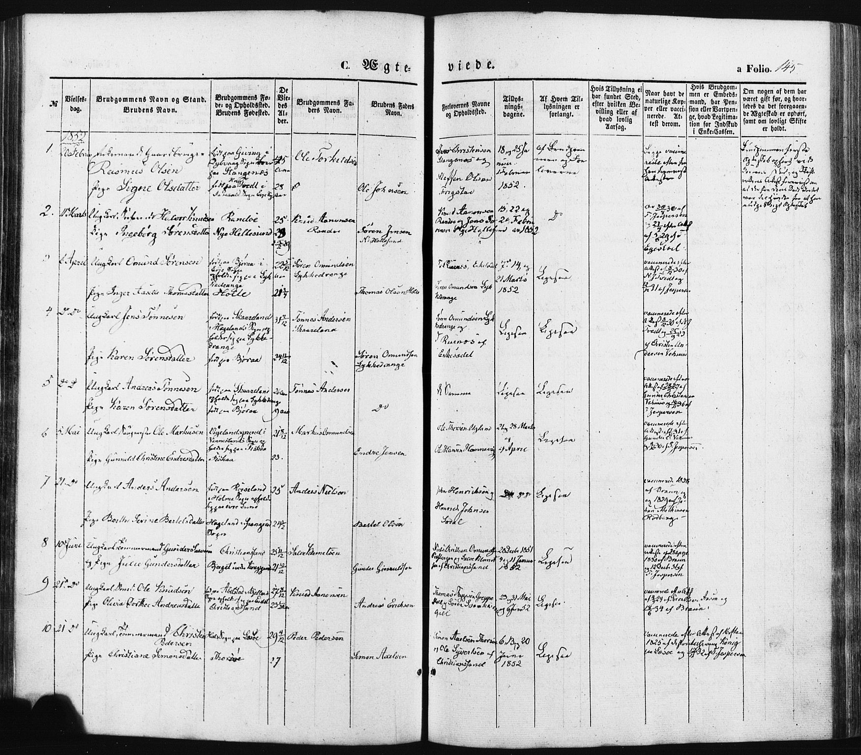 Oddernes sokneprestkontor, SAK/1111-0033/F/Fa/Faa/L0007: Parish register (official) no. A 7, 1851-1863, p. 145