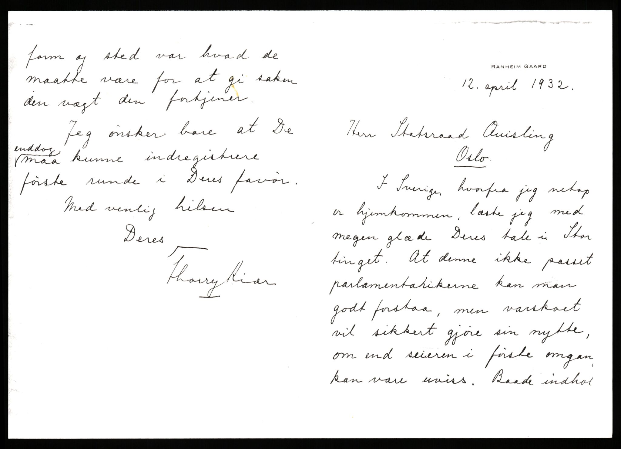 Quisling, Vidkun, AV/RA-PA-0750/G/Gf/L0001: Brev mv. til Vidkun Quisling, 1930-1938, p. 203