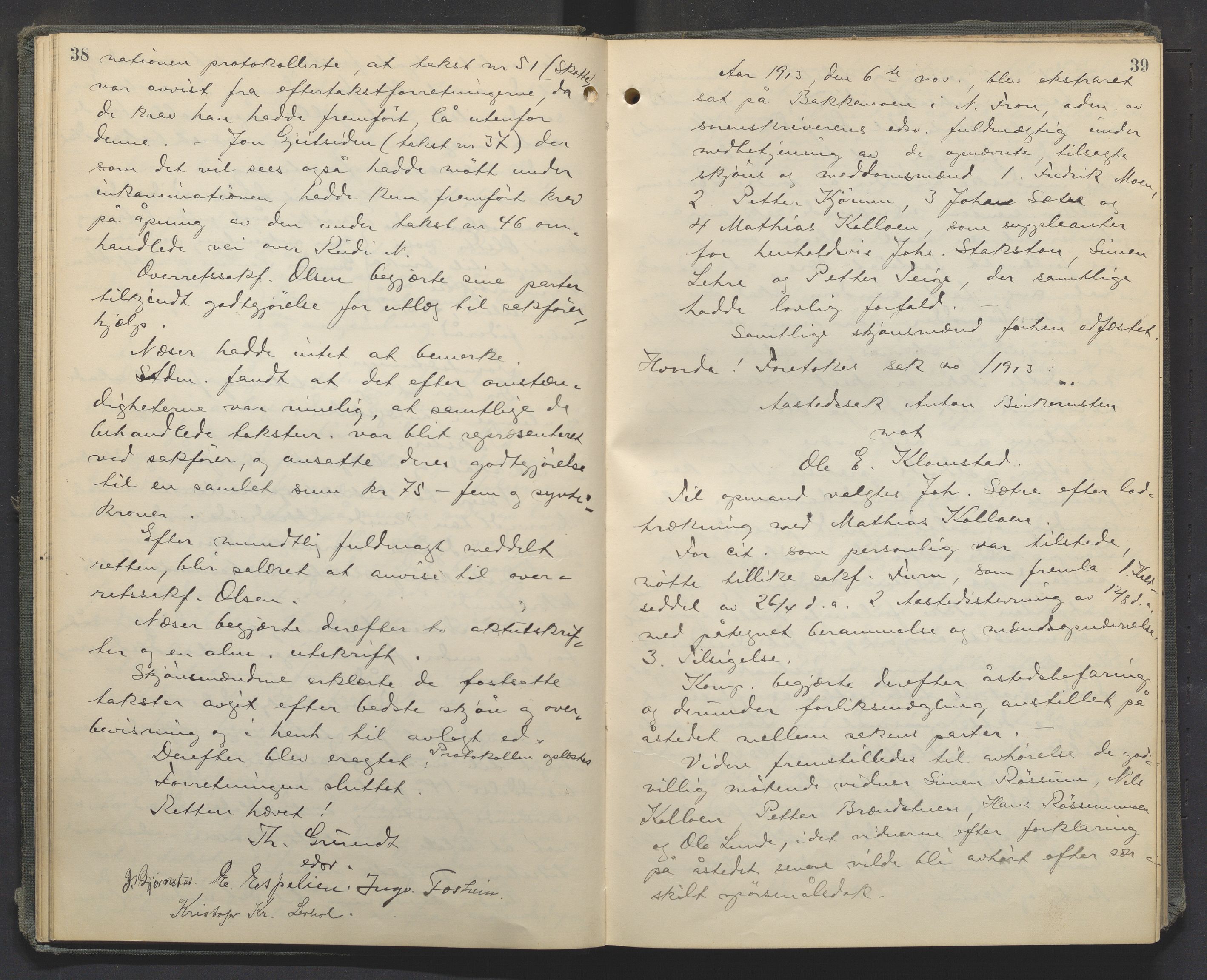 Nord-Gudbrandsdal tingrett, AV/SAH-TING-002/G/Gc/Gcb/L0010: Ekstrarettsprotokoll for åstedssaker, 1913-1920, p. 38-39