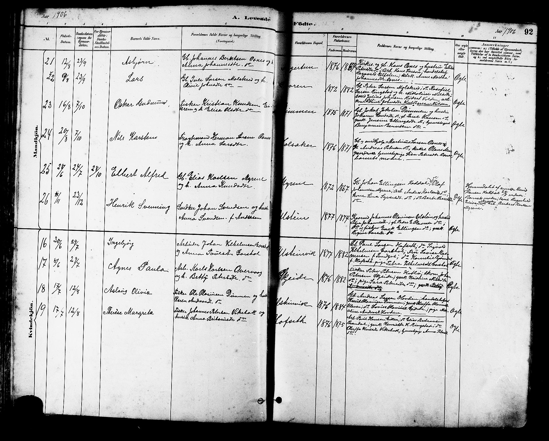 Ministerialprotokoller, klokkerbøker og fødselsregistre - Møre og Romsdal, SAT/A-1454/509/L0112: Parish register (copy) no. 509C02, 1883-1922, p. 92