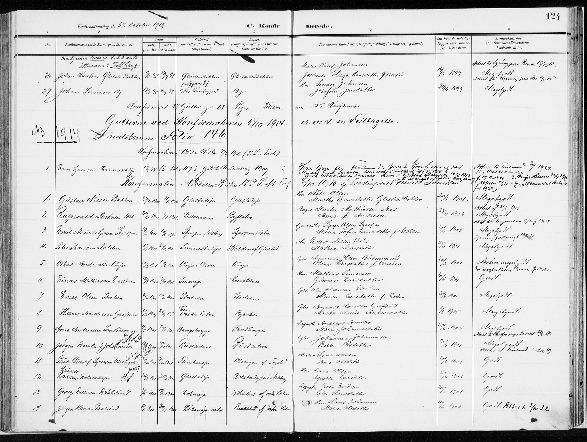 Ringsaker prestekontor, SAH/PREST-014/K/Ka/L0019: Parish register (official) no. 19, 1905-1920, p. 124