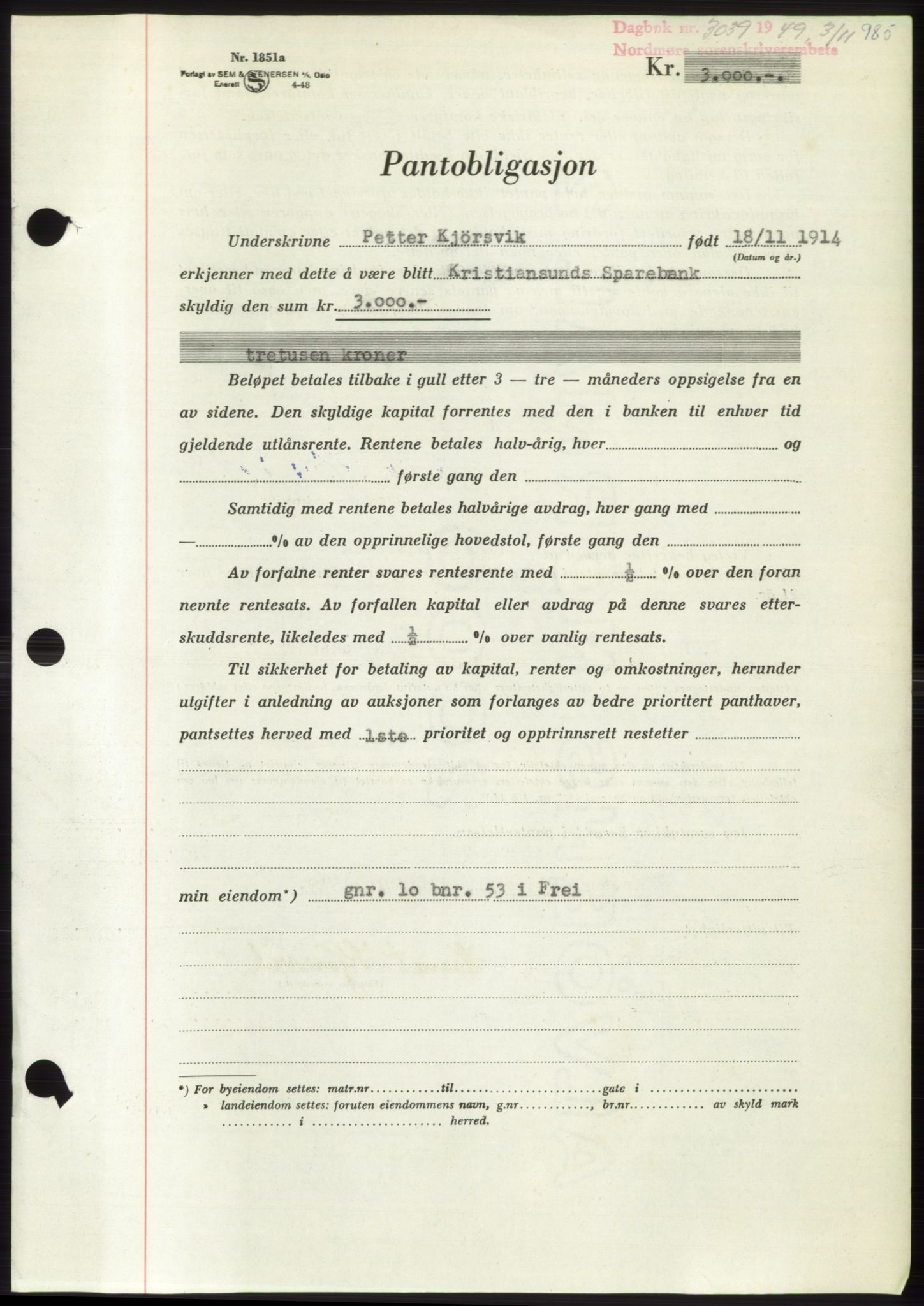 Nordmøre sorenskriveri, AV/SAT-A-4132/1/2/2Ca: Mortgage book no. B102, 1949-1949, Diary no: : 3039/1949