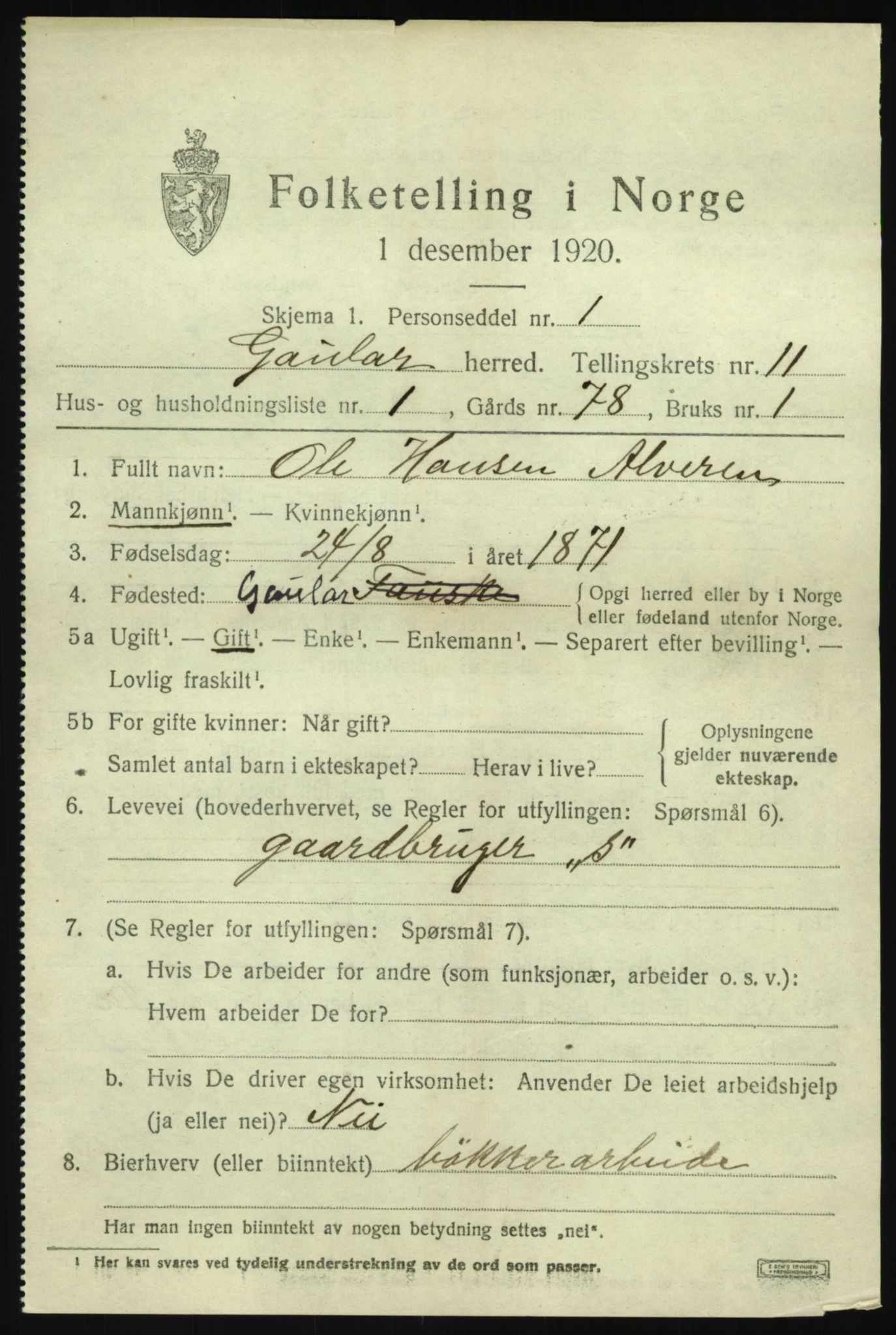 SAB, 1920 census for Gaular, 1920, p. 5144